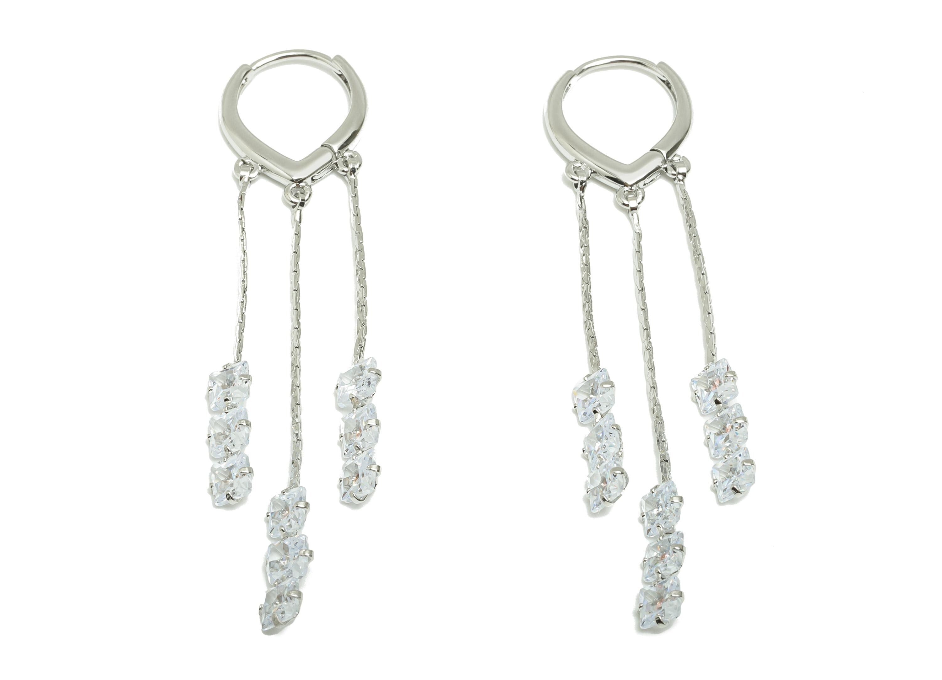 Crystal Dangle Earrings - Brass Zircon Dangle Huggie Earring - Clear Crystal Hanging Hoop - 18k Real White Gold Plated - 62x13x2mm -RGP10237 - DOMEDBAZAAR