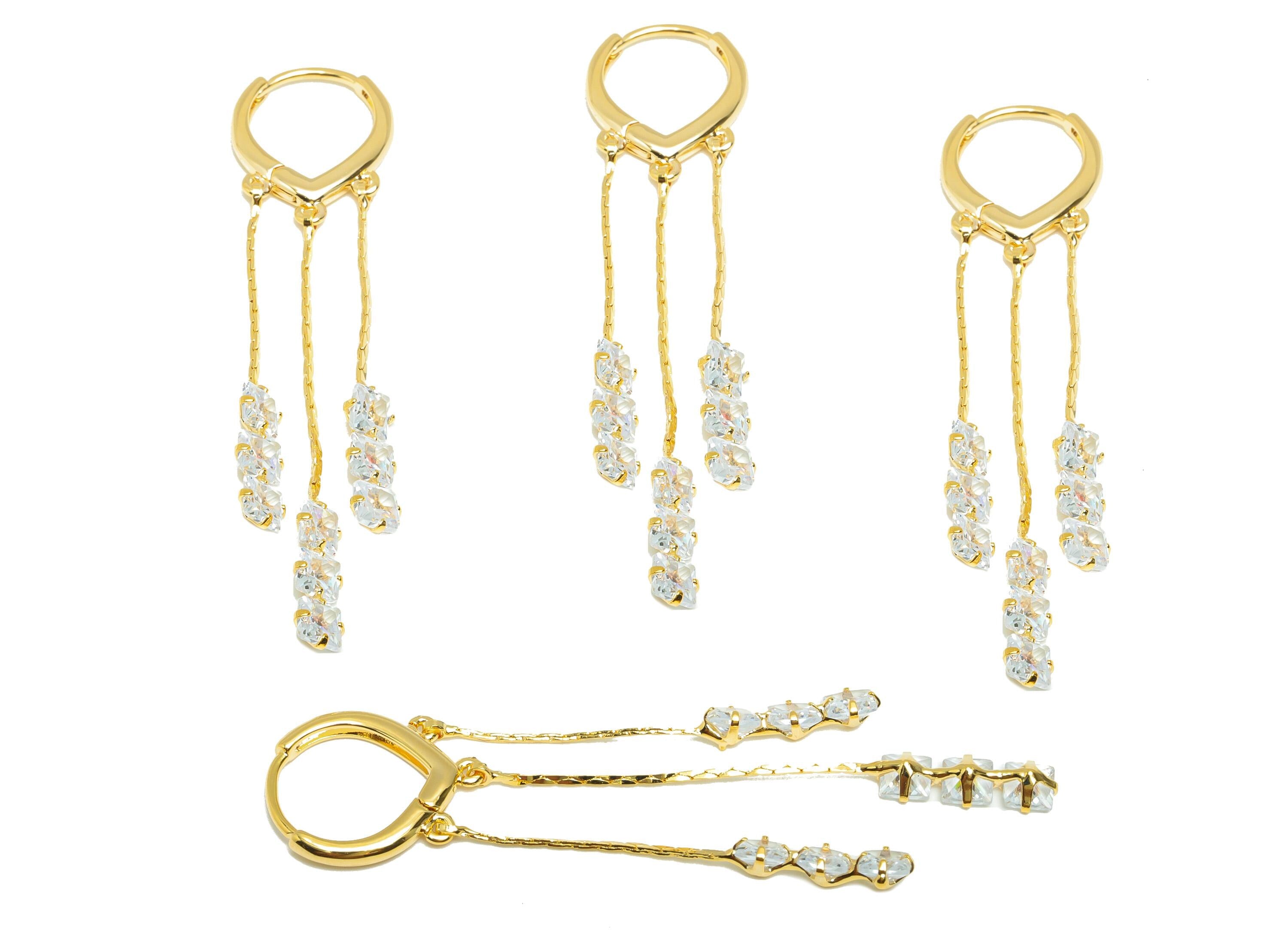 Brass Square Drop Earring - Brass Zircon Dangle Huggie Earring - Delicate Jewelry - 18k Real Gold Plated - 62x13.86x2.9mm - RGP10236 - DOMEDBAZAAR