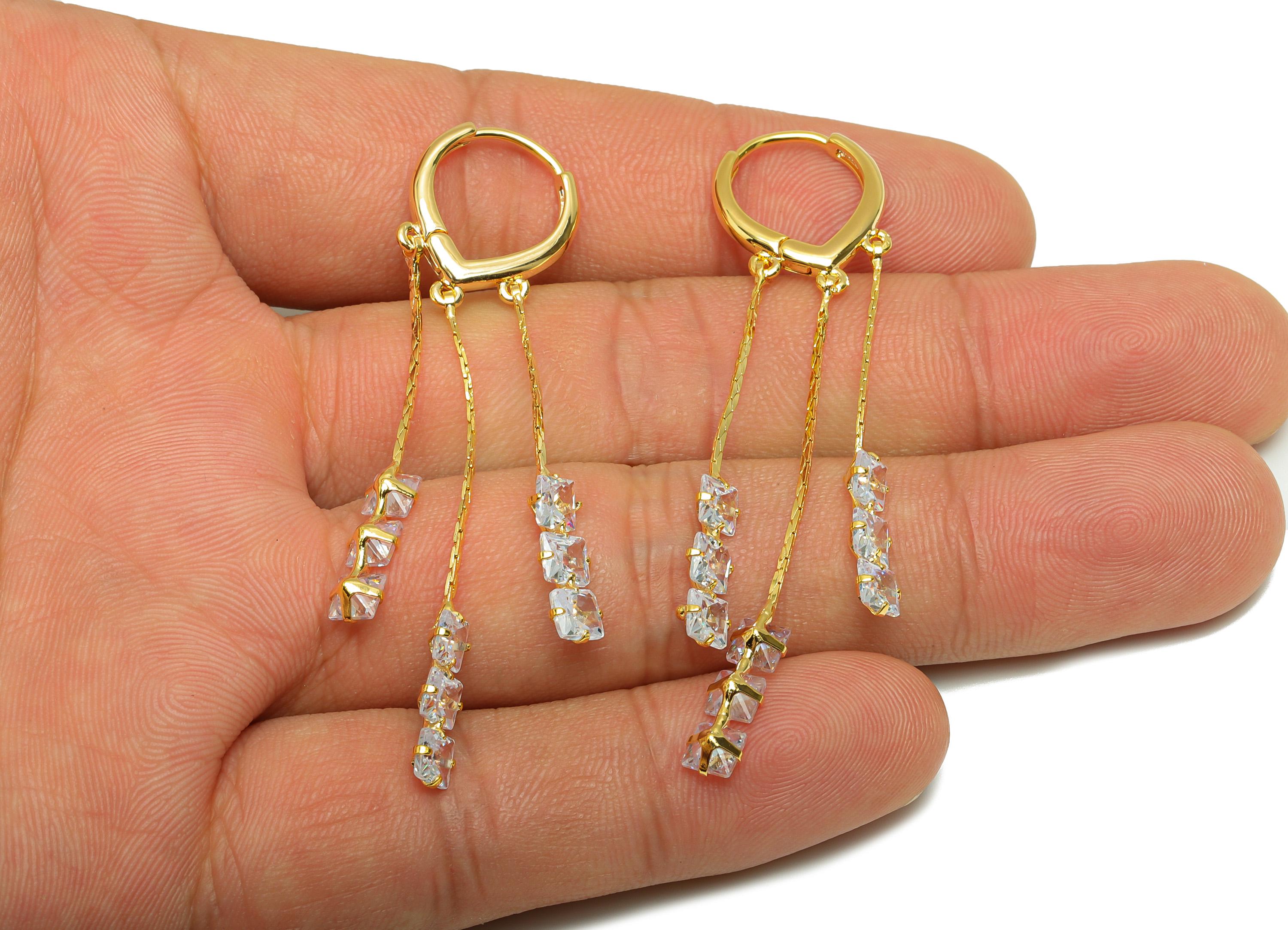 Brass Square Drop Earring - Brass Zircon Dangle Huggie Earring - Delicate Jewelry - 18k Real Gold Plated - 62x13.86x2.9mm - RGP10236 - DOMEDBAZAAR