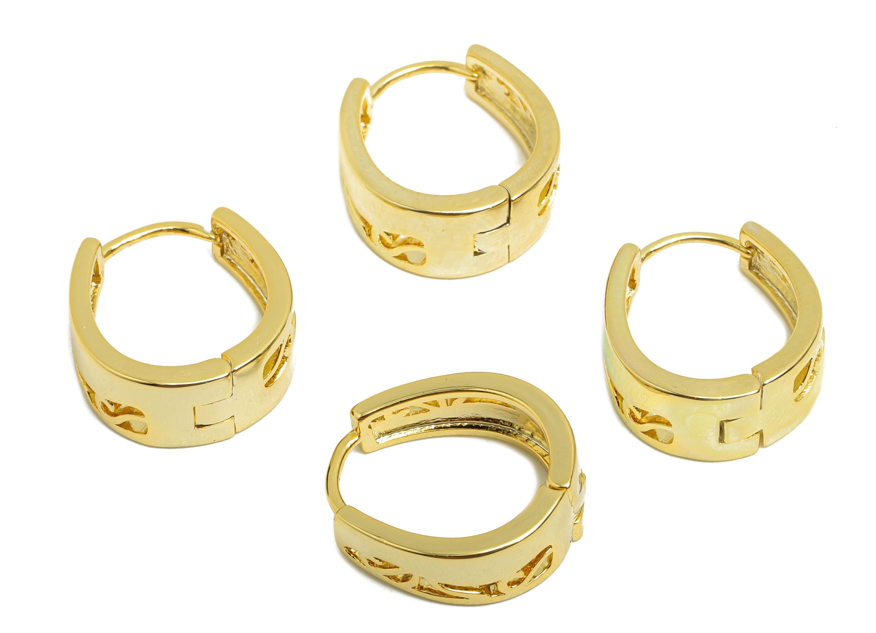 Brass Oval Hoop Earring - Gold Huggie Earring for Girl&#39;s - Thick Hollow Daily Wear Earring - 18K Real Gold Plated - 16x14.2x6.7mm - RGP8436 - DOMEDBAZAAR