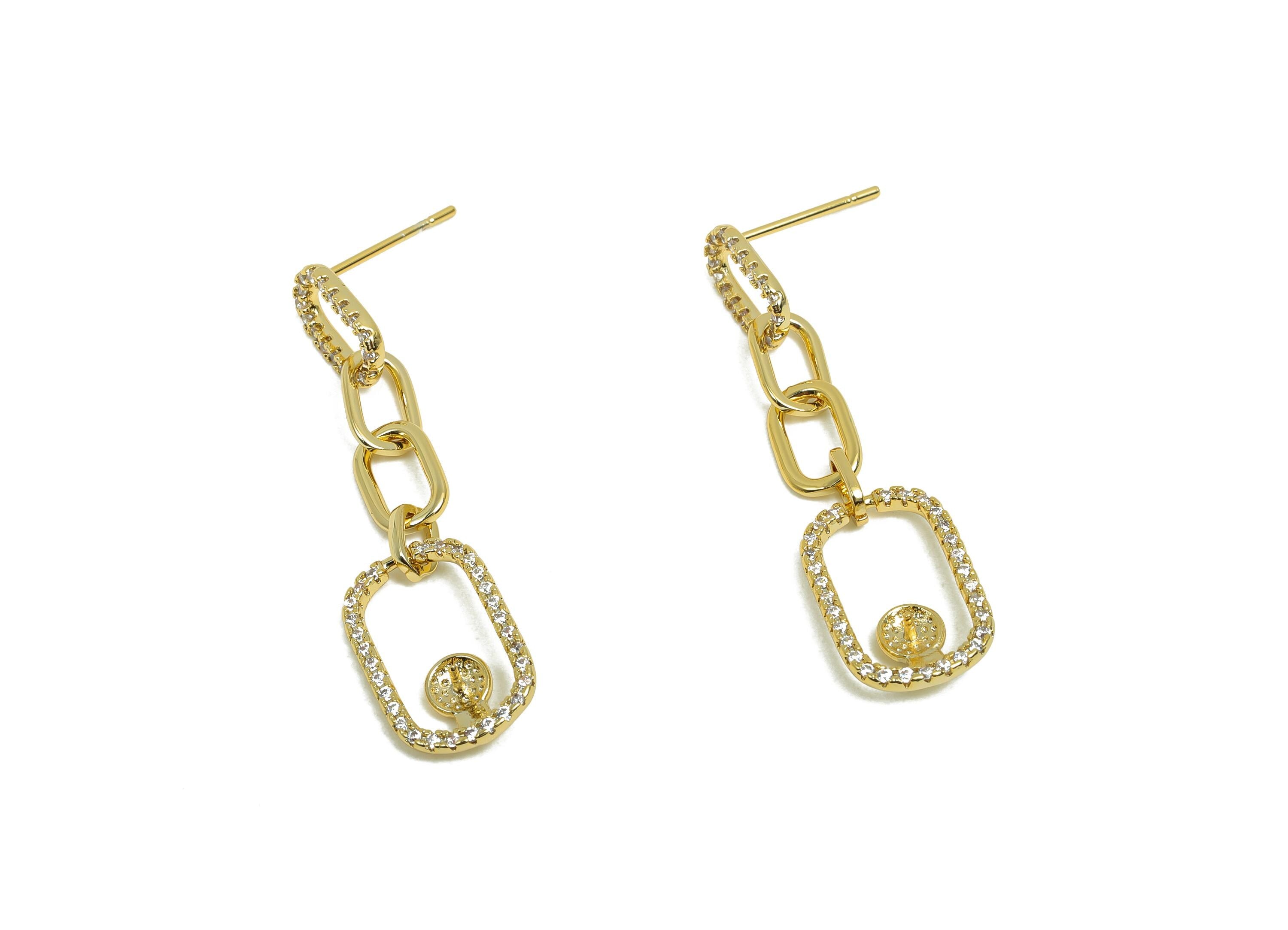 Brass Dangle Earring Setting - Gold Rectangle Chain Earring for Girl&#39;s - CZ Dangle Earring - 18K Real Gold Plated - 32x10.2x3.27mm - RGP8444 - DOMEDBAZAAR