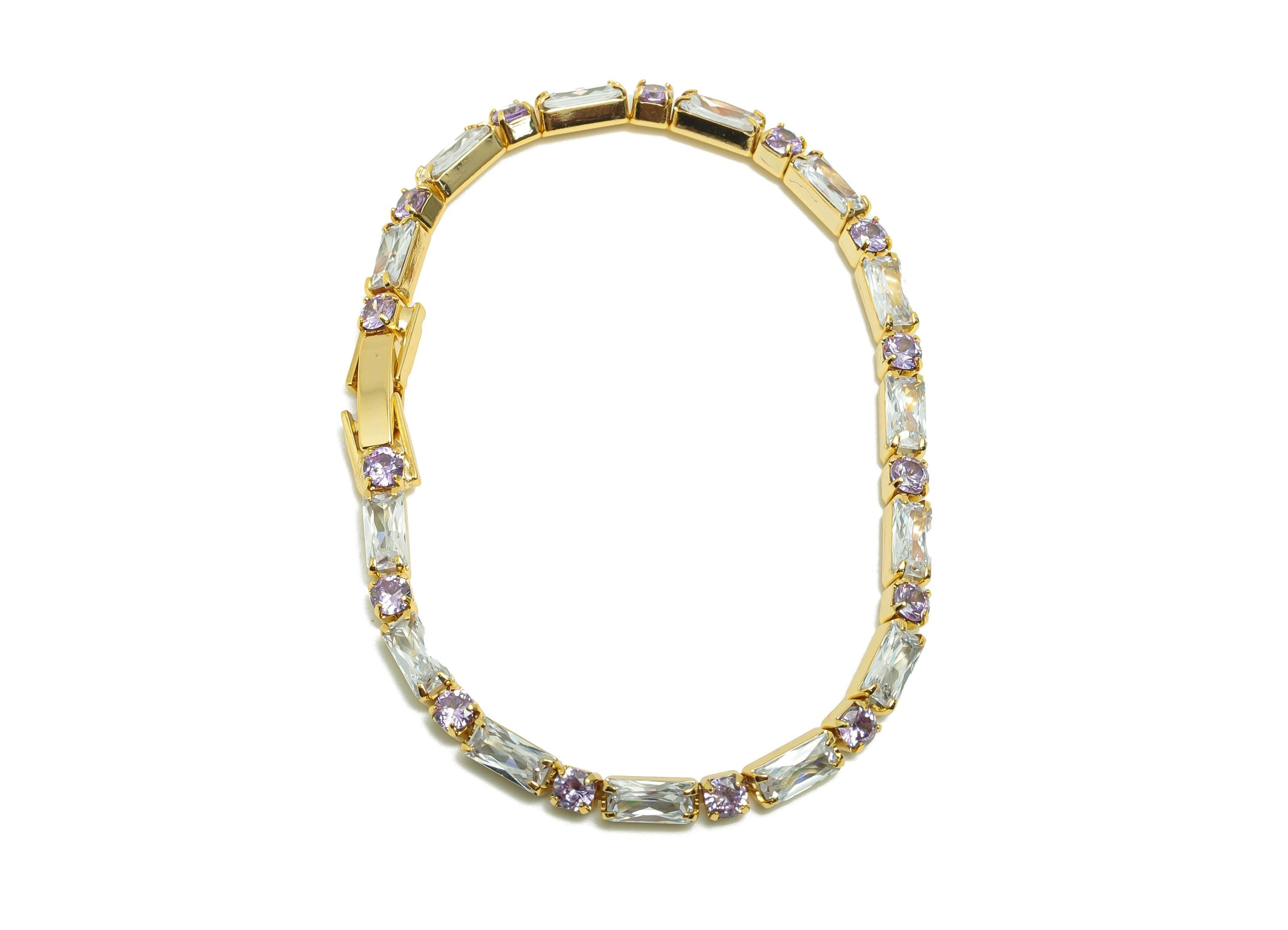 17cm Rectangular Zircon Chain Bracelet - White Purple 3*6mm+3mm Zircon Bracelet - CZ Bracelet  - 18K Real Gold Plated - RGP8632-17 - DOMEDBAZAAR