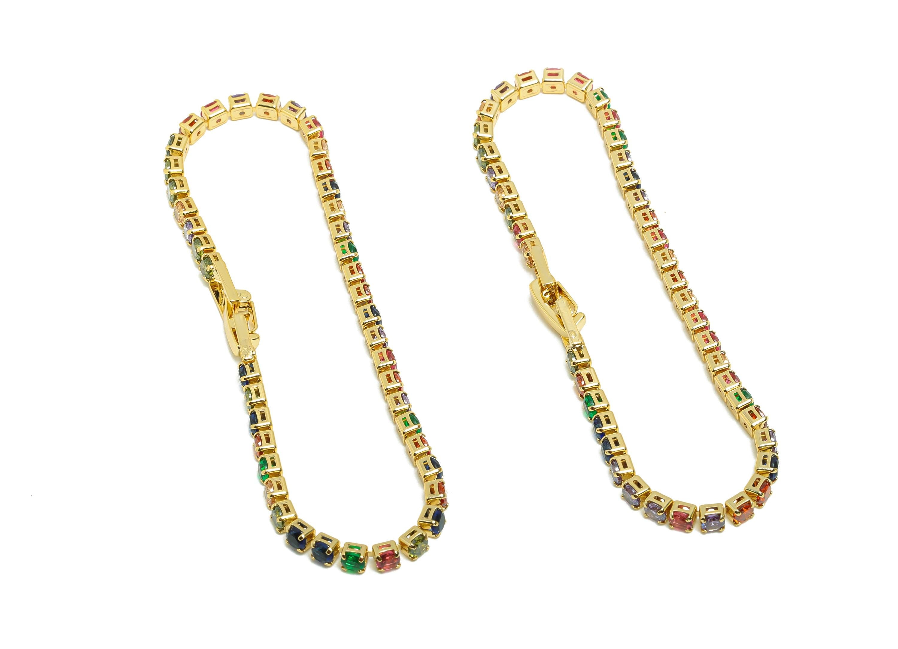 17cm Round Zircon Chain Bracelet - Mix Color 3mm Cubic Zircon Bracelet - Rainbow CZ Brass Bracelet  - 18K Real Gold Plating - RGP8627-17 - DOMEDBAZAAR