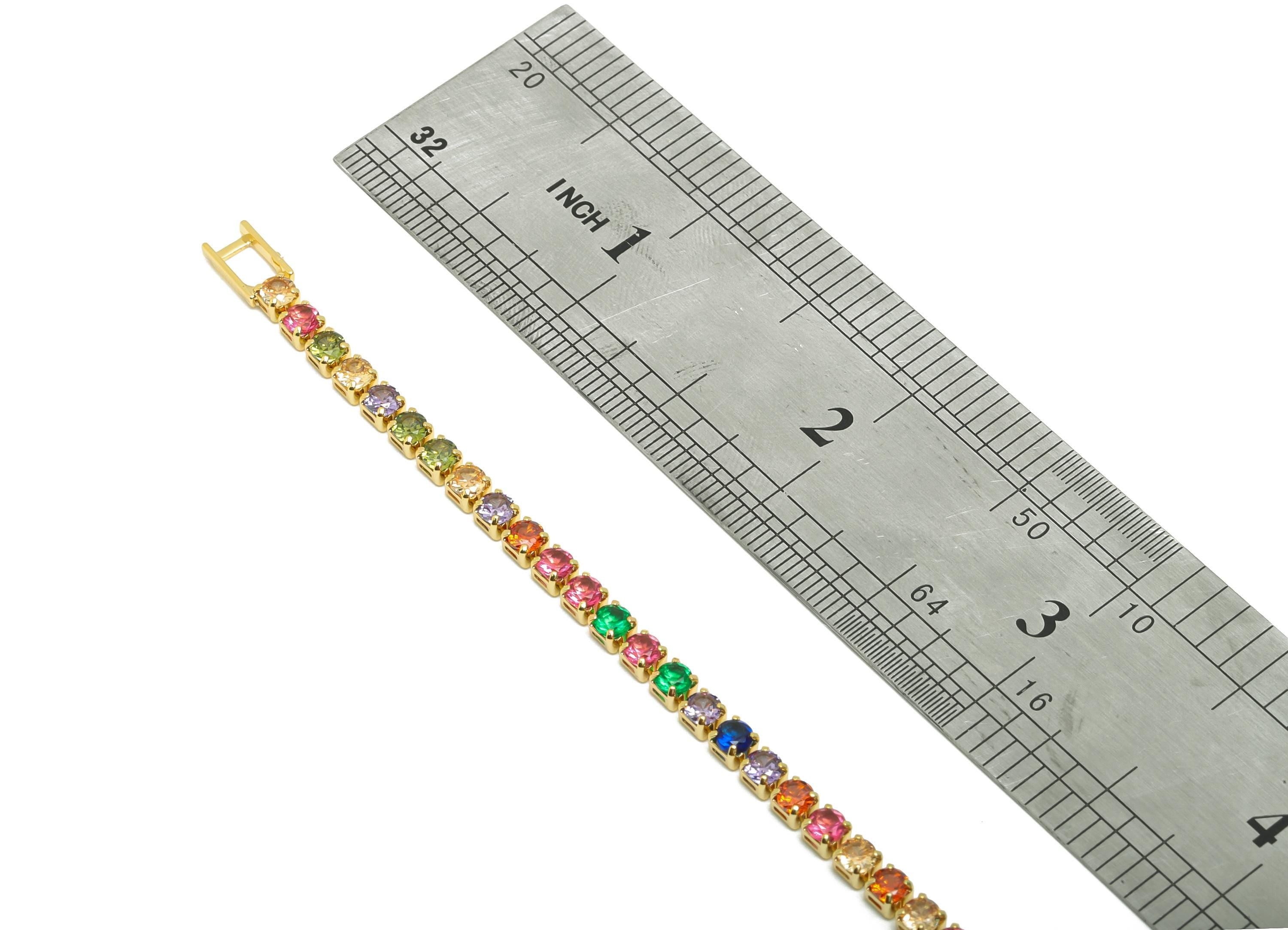 17cm Round Zircon Chain Bracelet - Mix Color 3mm Cubic Zircon Bracelet - Rainbow CZ Brass Bracelet  - 18K Real Gold Plating - RGP8627-17 - DOMEDBAZAAR