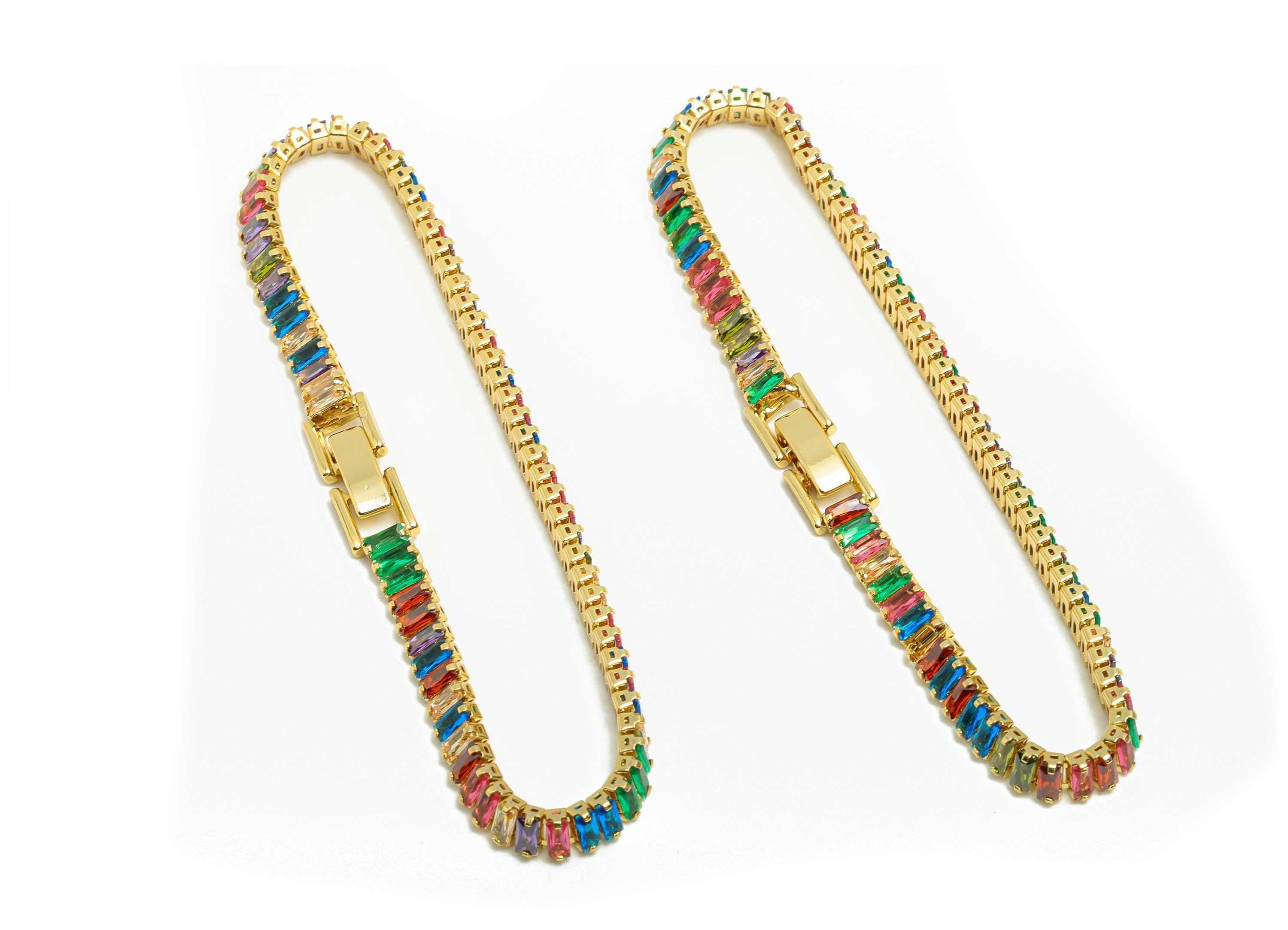 19cm Rectangular Zircon  Chain Bracelet - Brass Mix Color 2*4mm Bracelet  - Rainbow CZ Brass Bracelet - 18K Real Gold Plating - RGP8626-19 - DOMEDBAZAAR