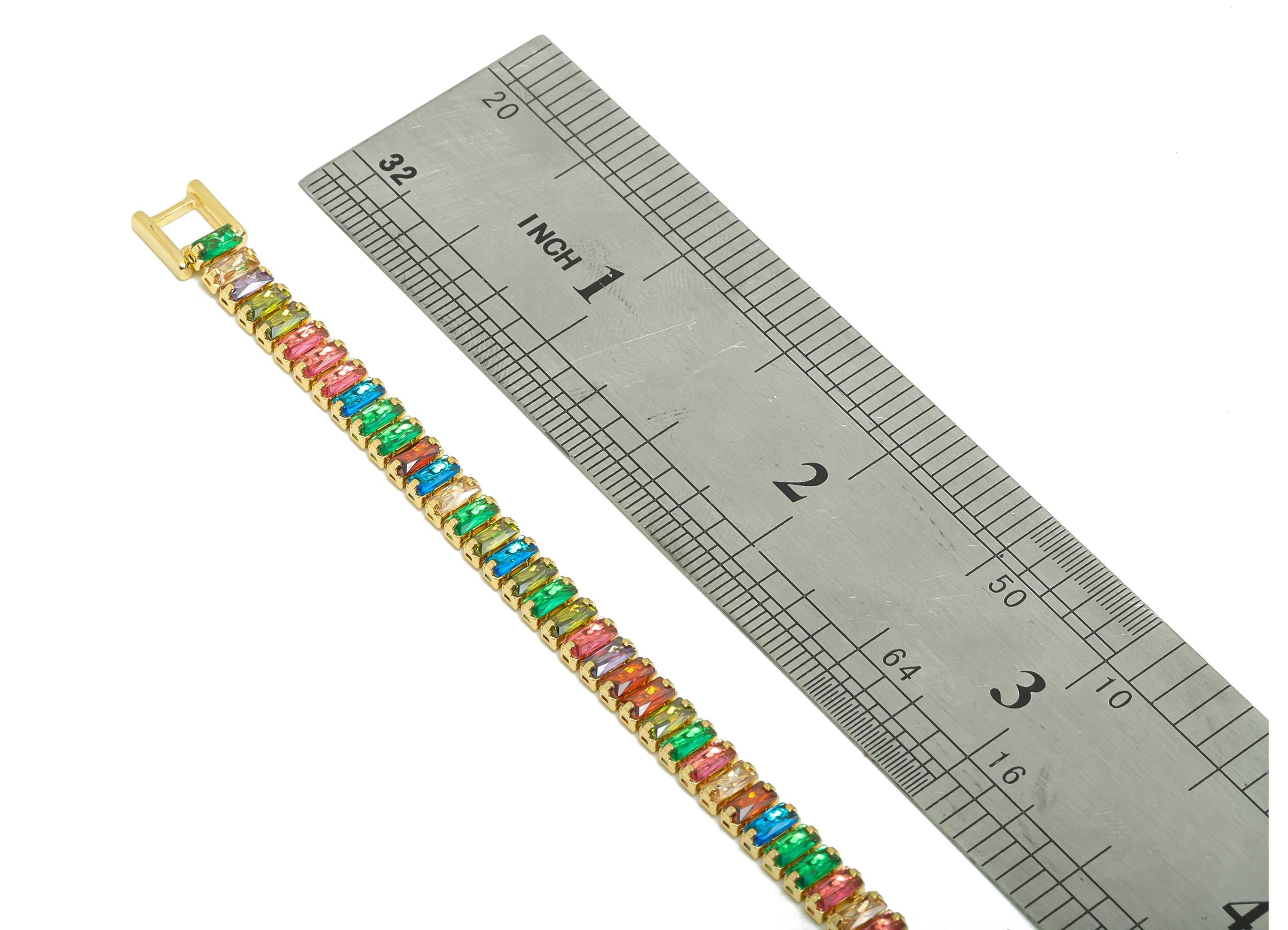 19cm Rectangular Zircon  Chain Bracelet - Brass Mix Color 2*4mm Bracelet  - Rainbow CZ Brass Bracelet - 18K Real Gold Plating - RGP8626-19 - DOMEDBAZAAR