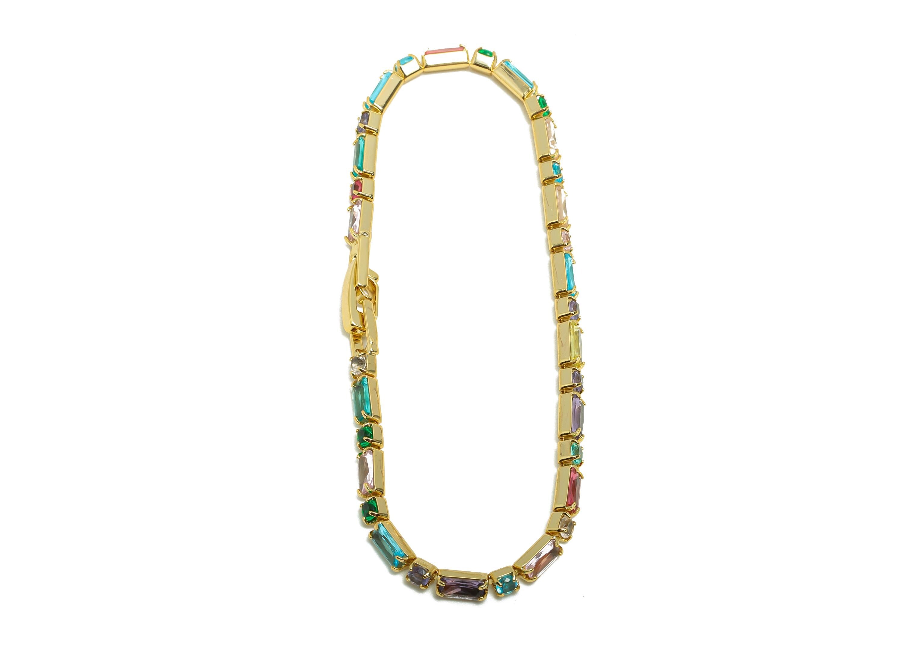 19cm Rectangular Chain Bracelet - Mix Color 2.5*5mm+2.5mm Bracelet - Zircon Rainbow CZ brass Bracelet - 18K Real Gold Plating - RGP8629-19 - DOMEDBAZAAR