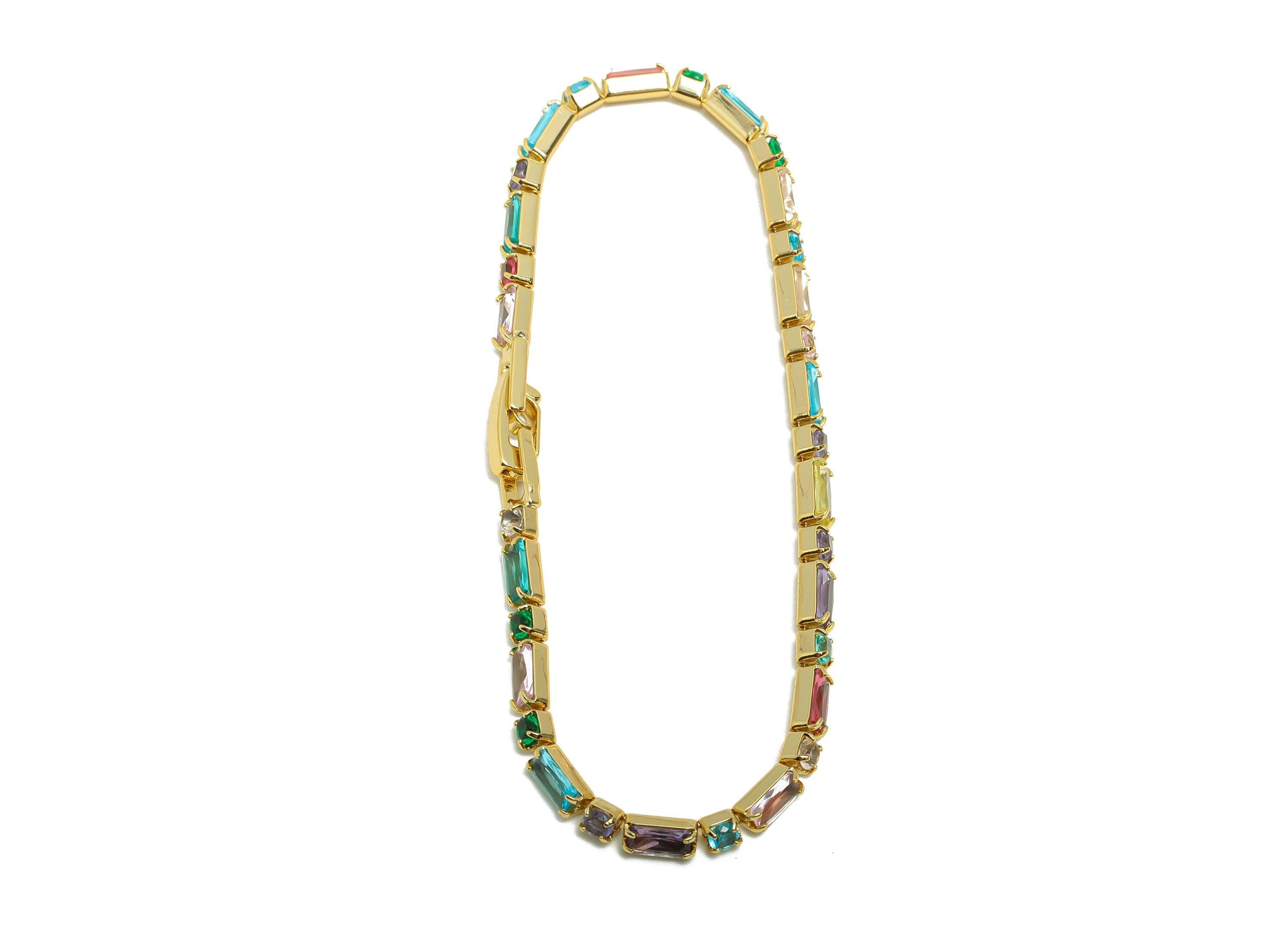 17cm Rectangular Chain Bracelet - Mix Color 2.5*5mm+2.5mm Bracelet - Zircon Rainbow CZ brass Bracelet - 18K Real Gold Plating - RGP8629-17 - DOMEDBAZAAR