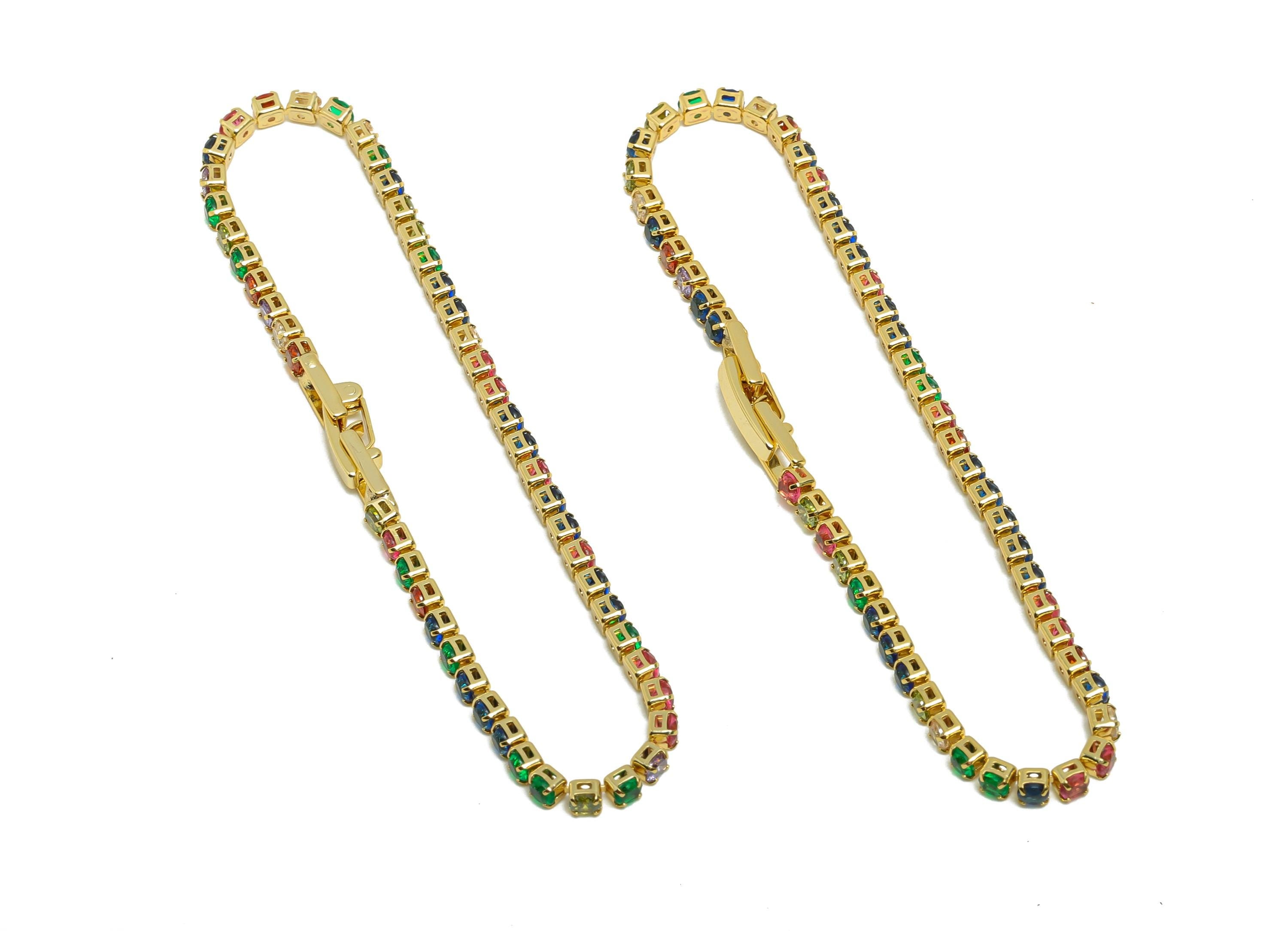 17cm Round Chain Bracelet - Brass Mix Color 2.5mm Round  Bracelet - Rainbow Cubic Zircon Bracelet - 18K Real Gold Plating - RGP8628-17 - DOMEDBAZAAR