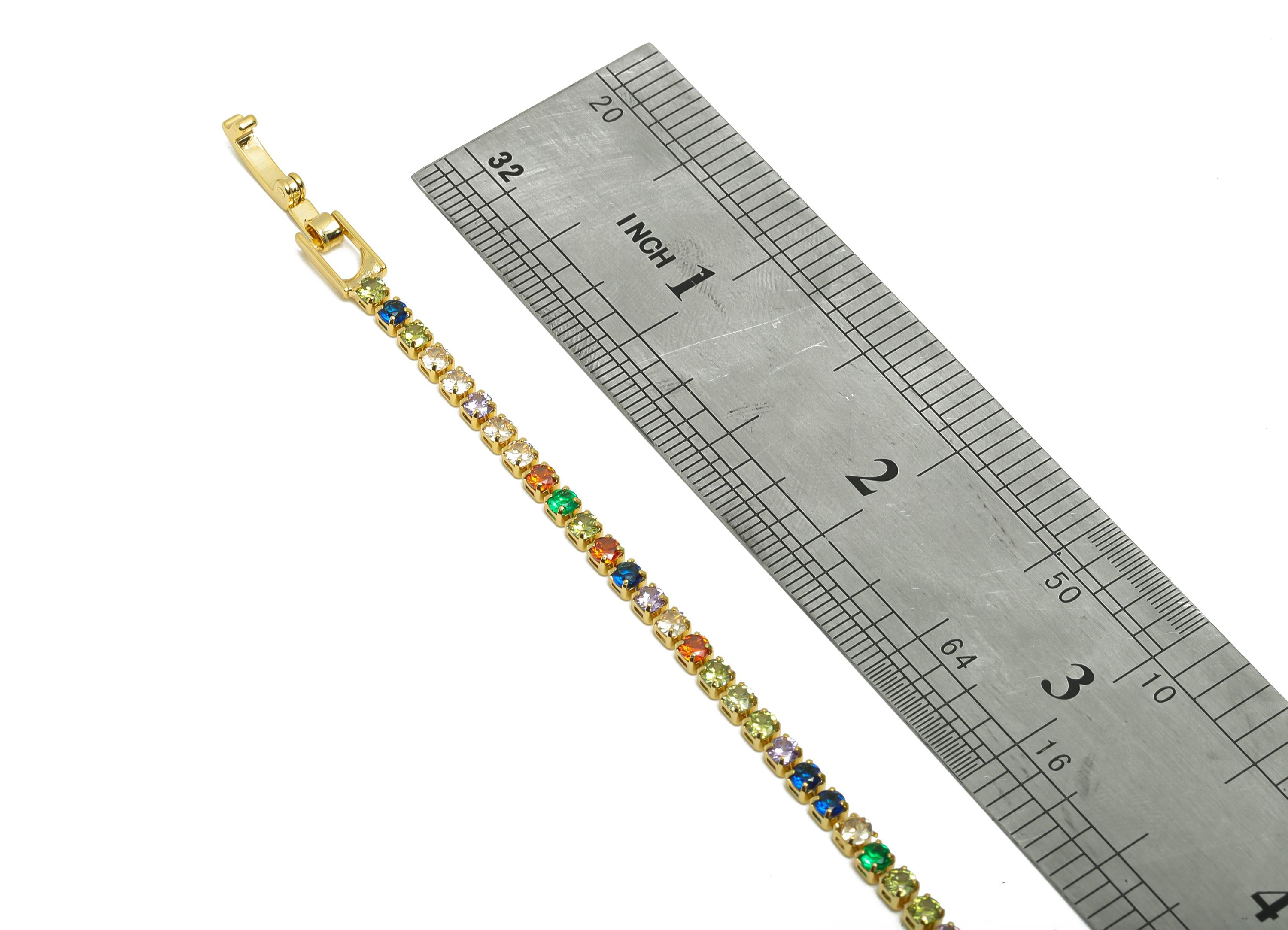 19cm Round Chain Bracelet - Brass Mix Color 2.5mm Round  Bracelet - Rainbow Cubic Zircon Bracelet - 18K Real Gold Plating - RGP8628-19 - DOMEDBAZAAR
