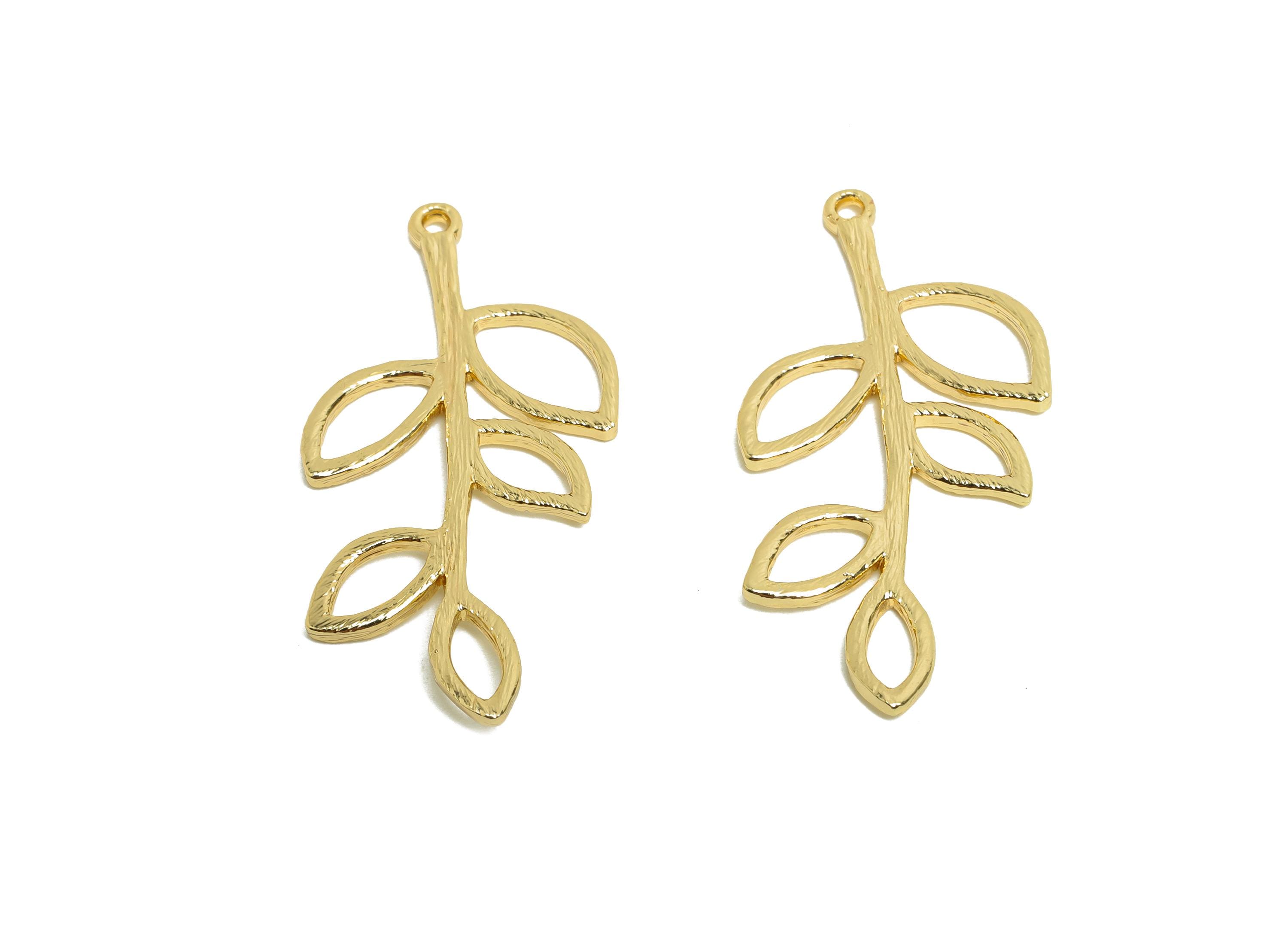 Brass Branch Earring Charm - Gold Textured Charm for Bracelet - Botanical Leaves Pendant - 18K Real Gold Plated - 35.7x17.7x1.53mm - RGP8493 - DOMEDBAZAAR