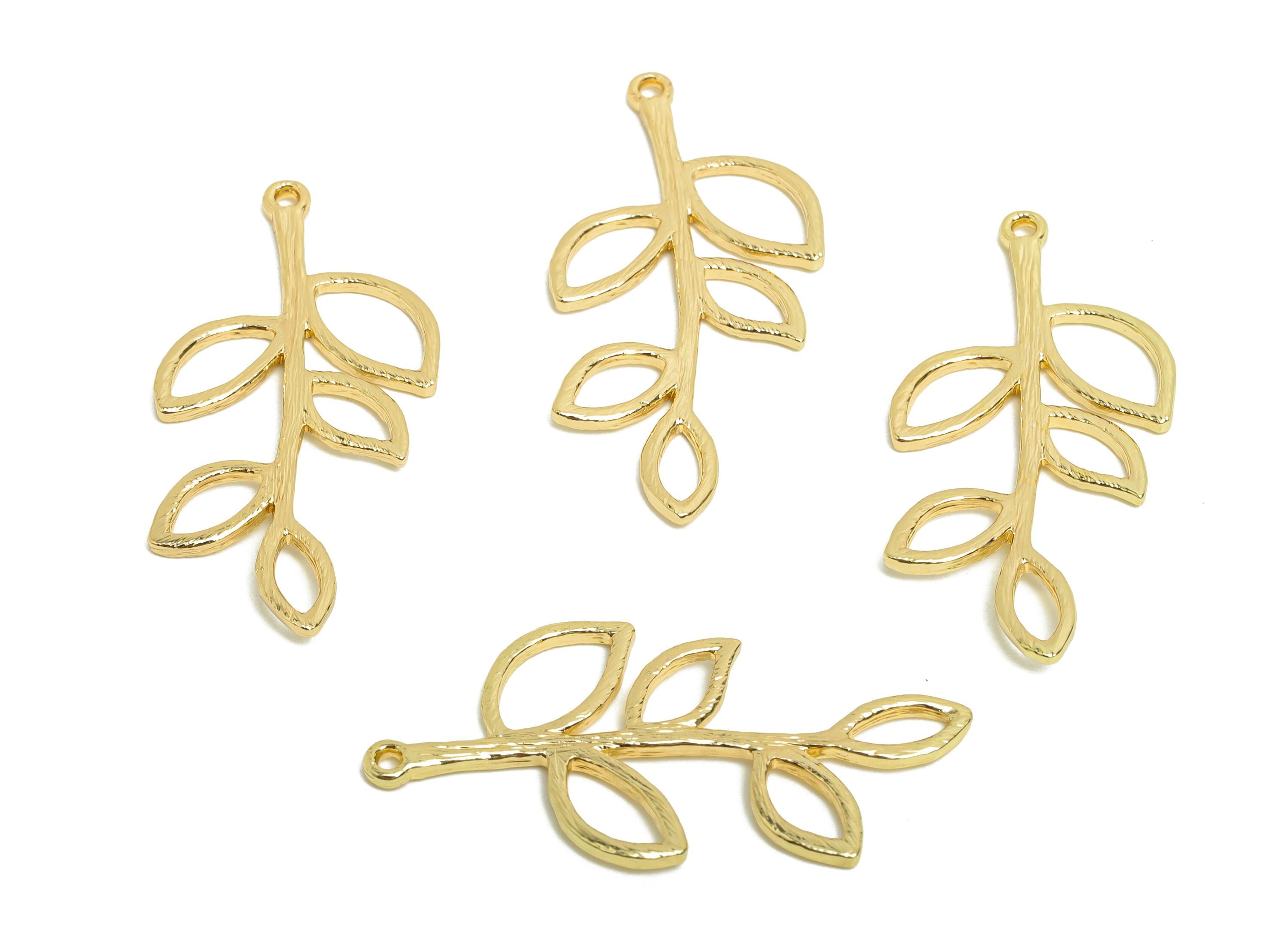 Brass Branch Earring Charm - Gold Textured Charm for Bracelet - Botanical Leaves Pendant - 18K Real Gold Plated - 35.7x17.7x1.53mm - RGP8493 - DOMEDBAZAAR