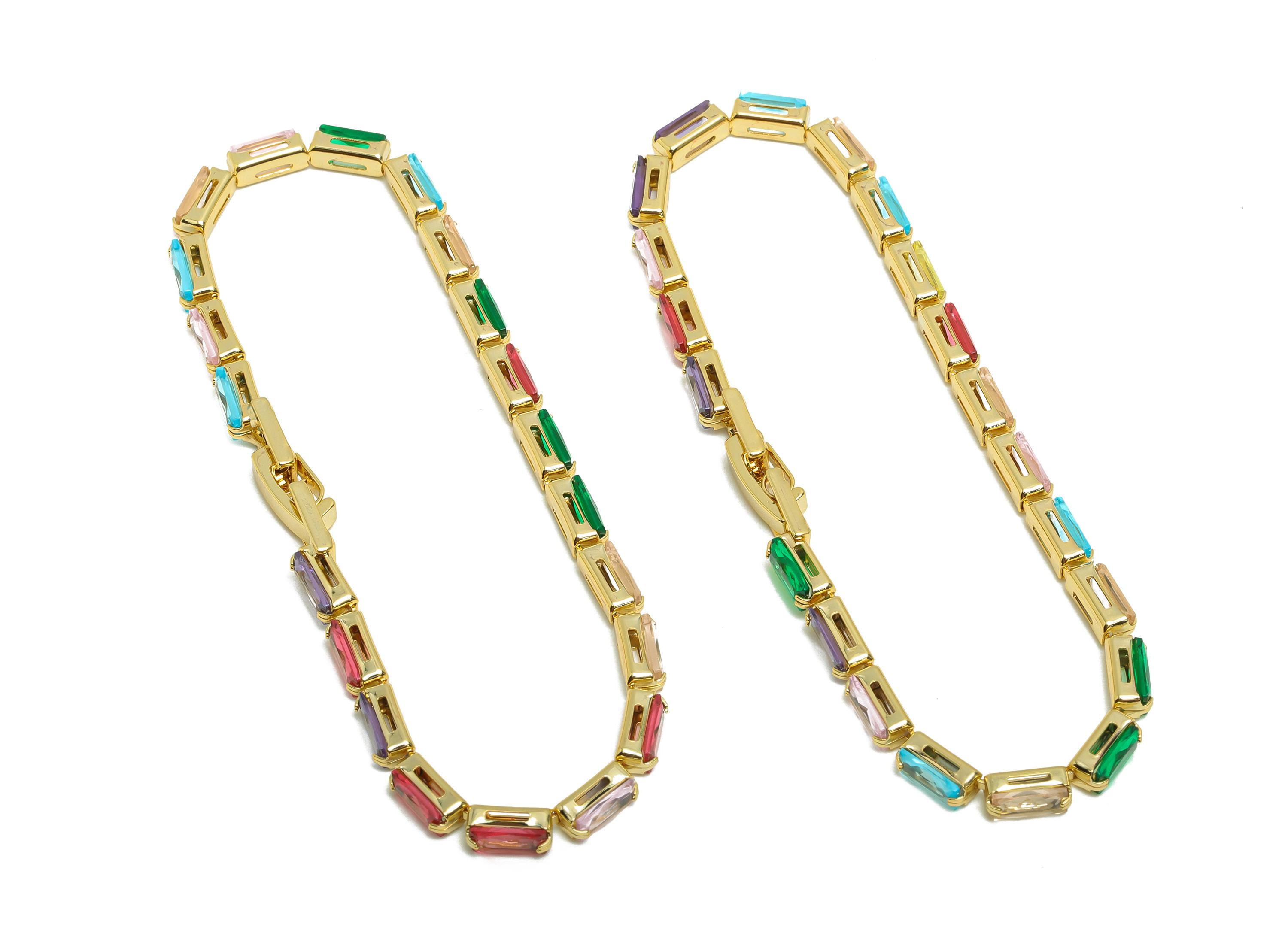 17cm Rectangular Chain Bracelet - Brass Mix Color 3*6mm Bracelet - Rainbow Cubic Zircon oblique Bracelet - 18K Real Gold Plated - RGP8631-17 - DOMEDBAZAAR
