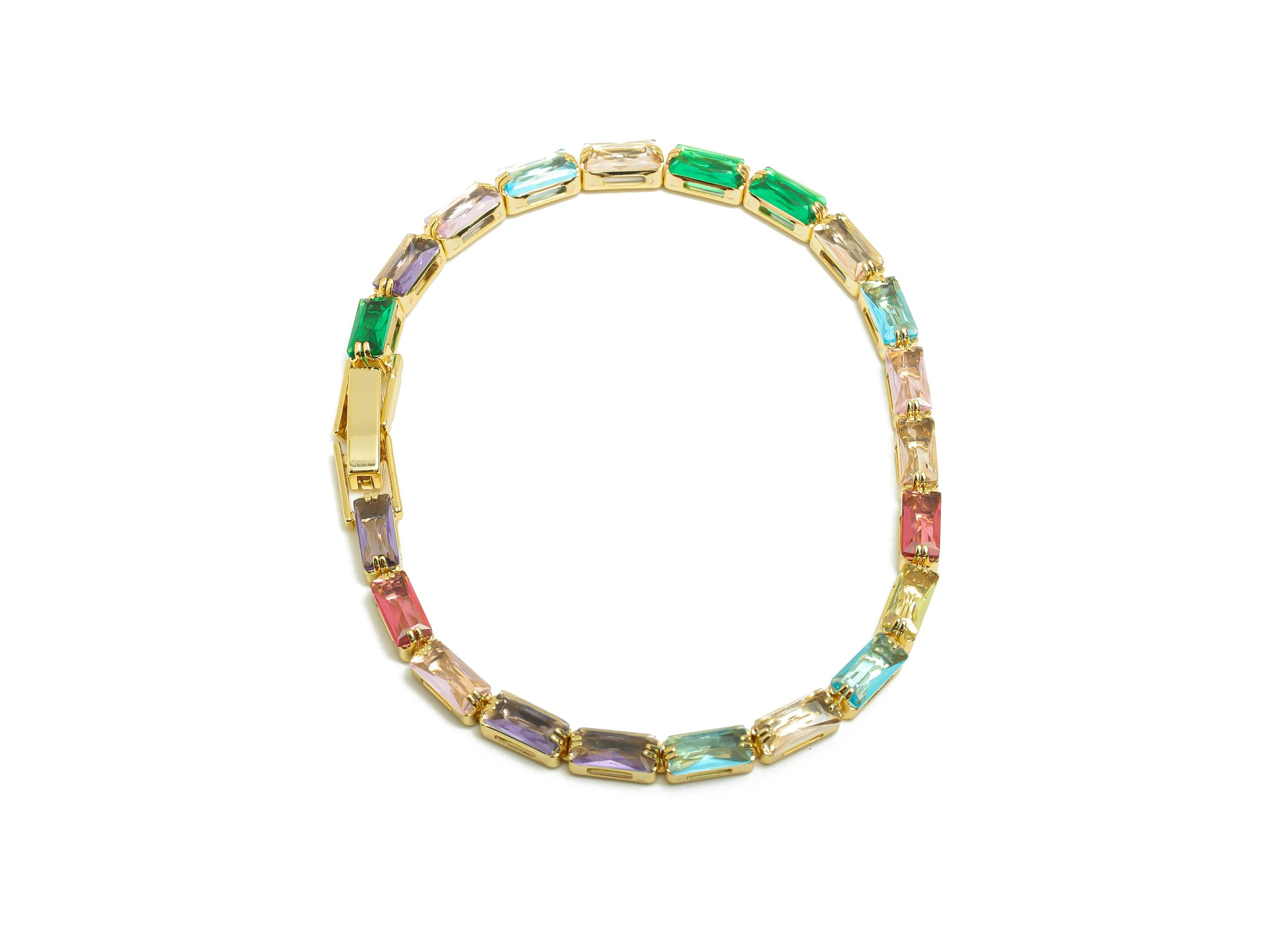 17cm Rectangular Chain Bracelet - Brass Mix Color 3*6mm Bracelet - Rainbow Cubic Zircon oblique Bracelet - 18K Real Gold Plated - RGP8631-17 - DOMEDBAZAAR