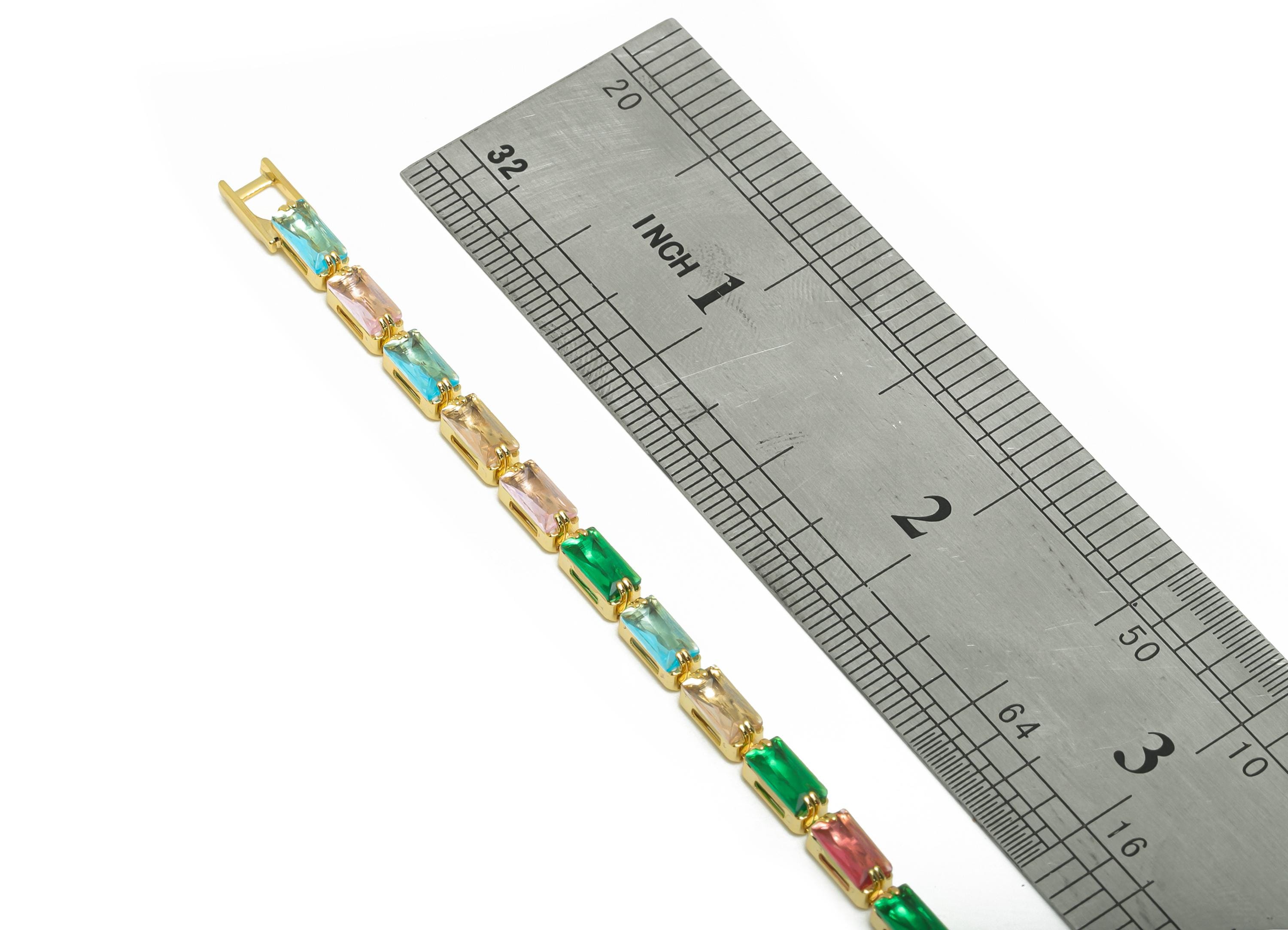 17cm Rectangular Chain Bracelet - Brass Mix Color 3*6mm Bracelet - Rainbow Cubic Zircon oblique Bracelet - 18K Real Gold Plated - RGP8631-17 - DOMEDBAZAAR