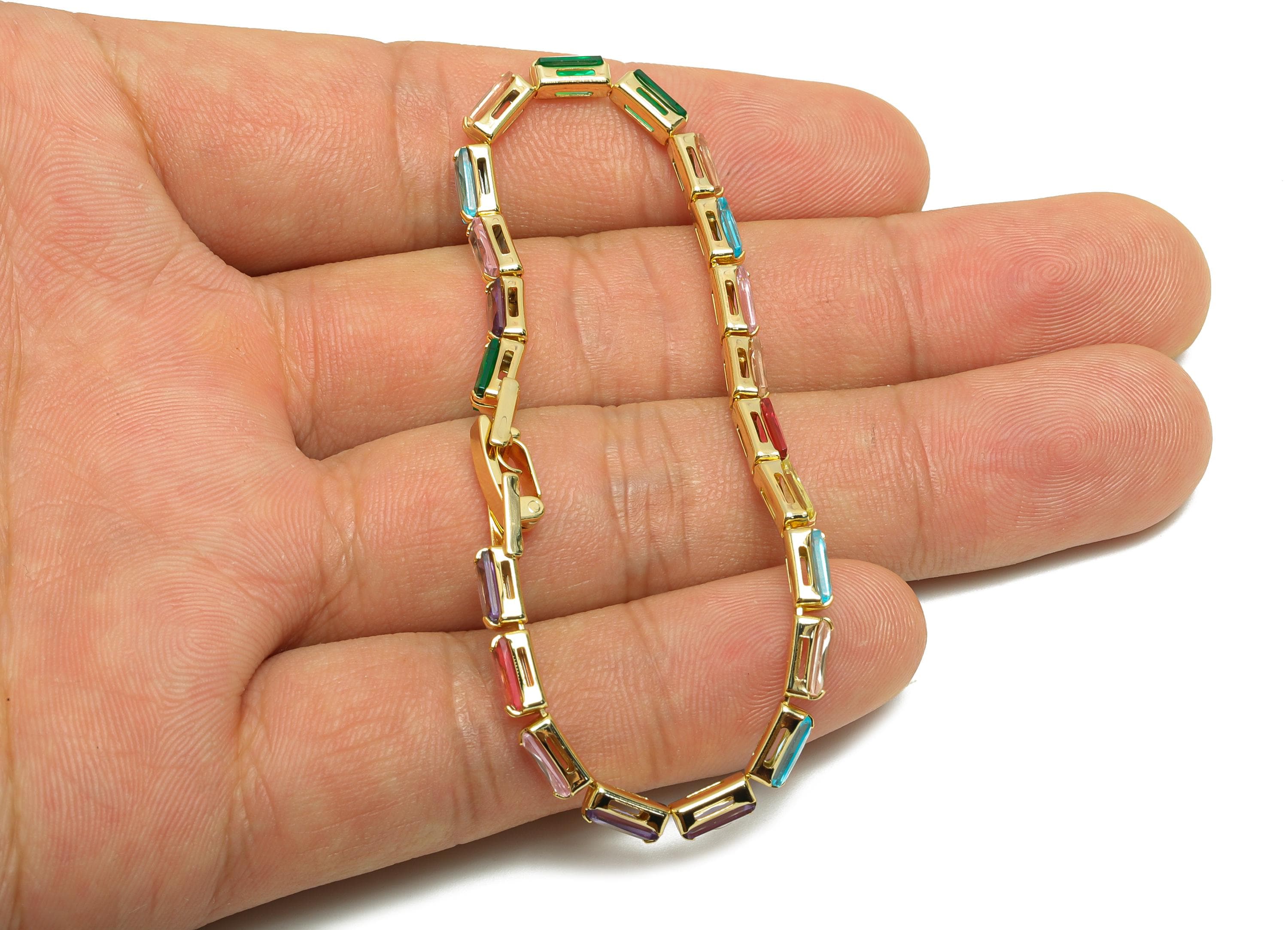 17cm Rectangular Chain Bracelet - Brass Mix Color 3*6mm Bracelet - Rainbow Cubic Zircon oblique Bracelet - 18K Real Gold Plated - RGP8631-17 - DOMEDBAZAAR