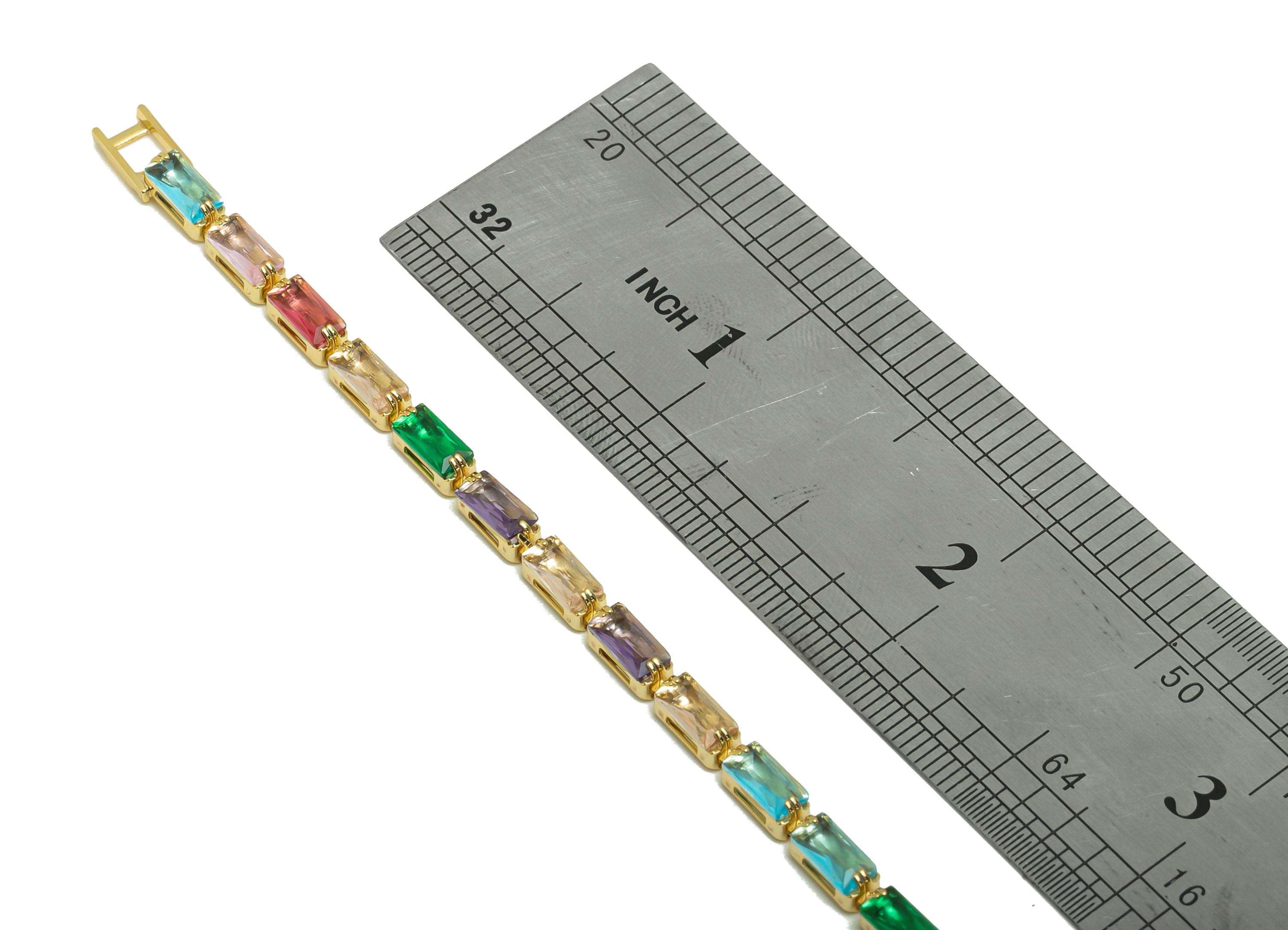 17cm Rectangular Chain Bracelet - Brass Mix Color 3*6mm Bracelet - Rainbow Cubic Zircon oblique Bracelet - 18K Real Gold Plated - RGP8631-19 - DOMEDBAZAAR