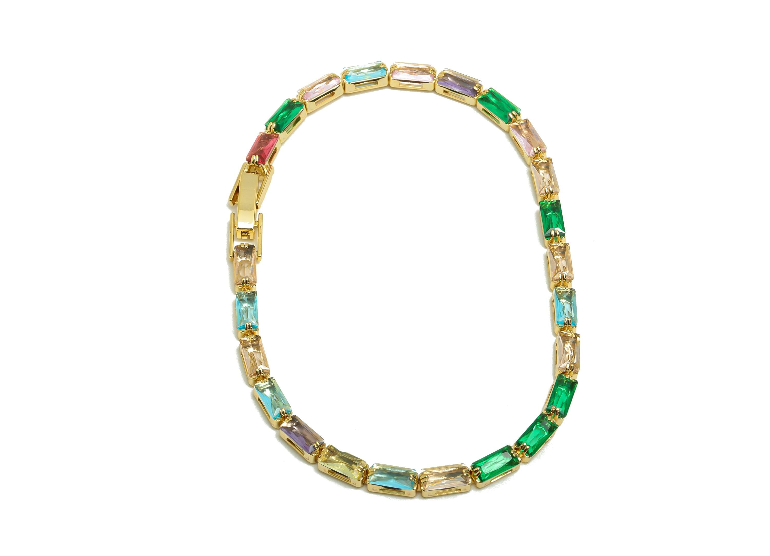 17cm Rectangular Chain Bracelet - Brass Mix Color 3*6mm Bracelet - Rainbow Cubic Zircon oblique Bracelet - 18K Real Gold Plated - RGP8631-19 - DOMEDBAZAAR