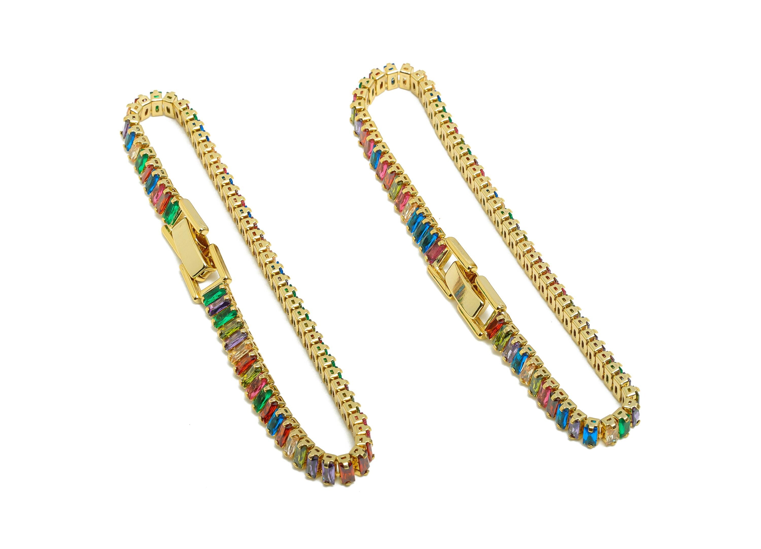 17cm Rectangular Zircon  Chain Bracelet - Brass Mix Color 2*4mm Bracelet  - Rainbow CZ Brass Bracelet - 18K Real Gold Plating - RGP8626-17 - DOMEDBAZAAR