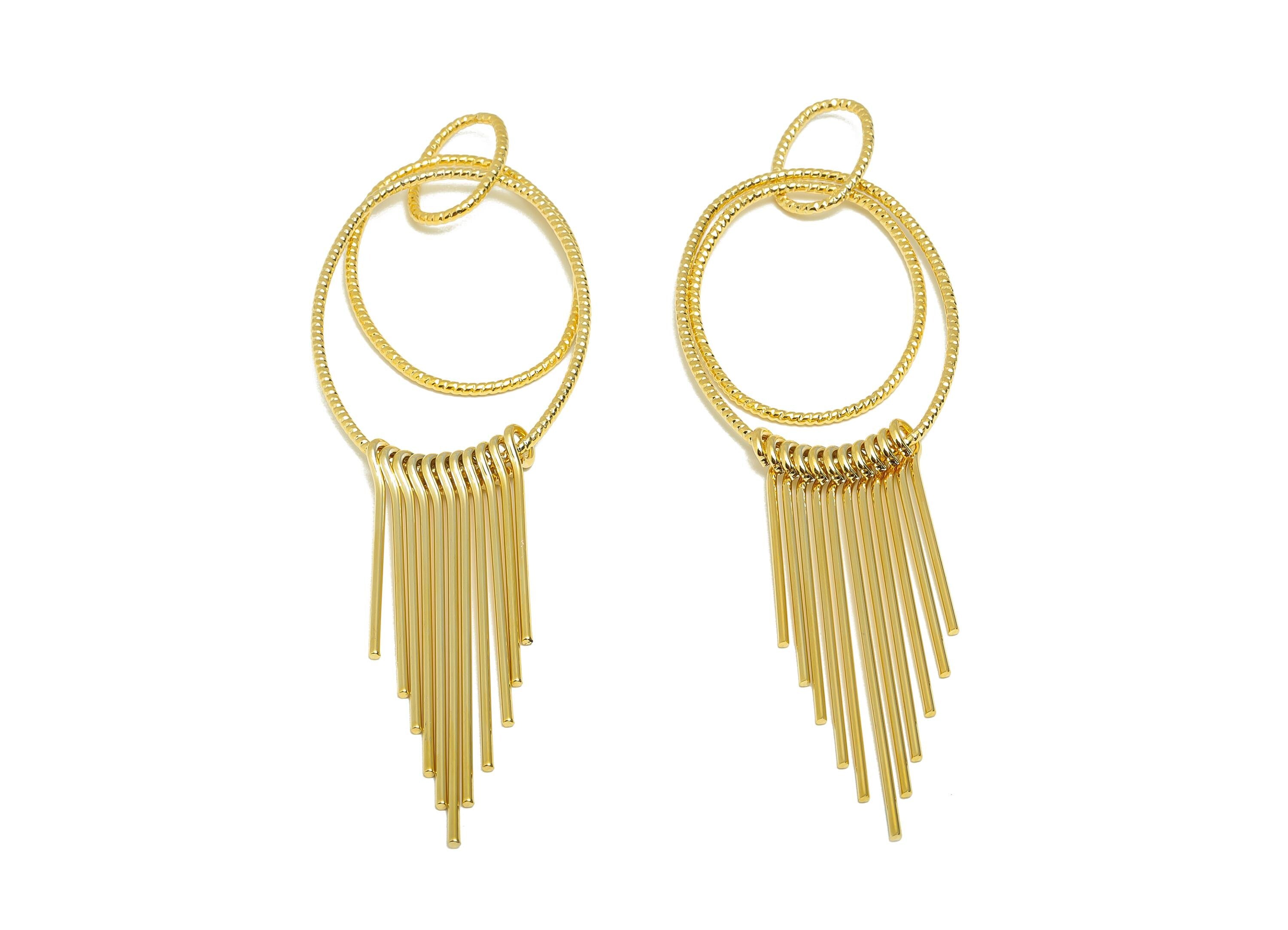 Brass Oval Fringe Charm - Textured Three Oval Fringe Charm - Gold Dangle Pendant for Earring - 18K Real Gold Plating - 112x34x2.9mm- RGP8916 - DOMEDBAZAAR