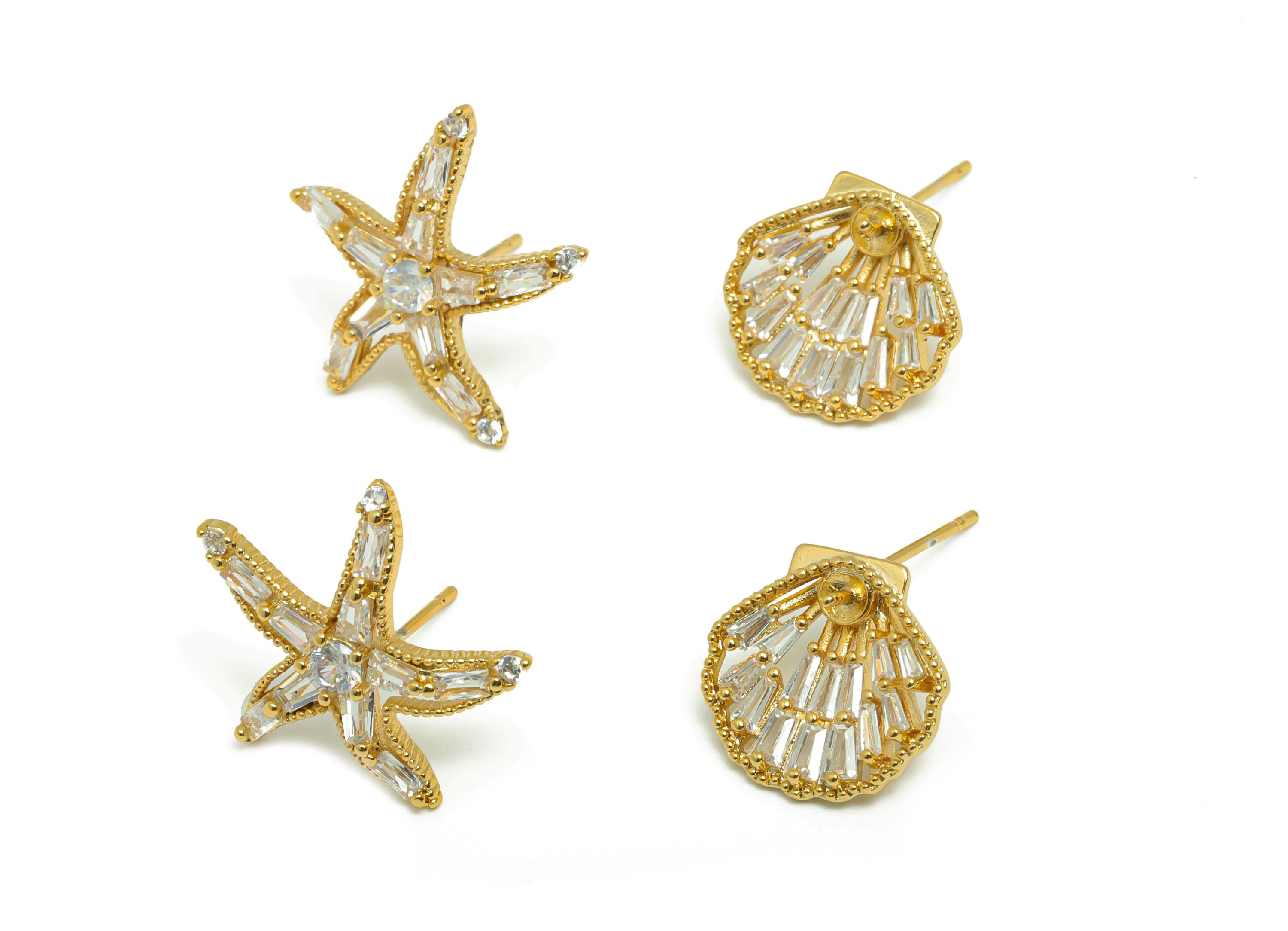 Brass Asymmetric Earring - Gold Starfish Shell Earring Post with Zircon - Daily Wear Earring - 18K Real Gold Plated -19.5x18.3x3.5mm-RGP8925 - DOMEDBAZAAR