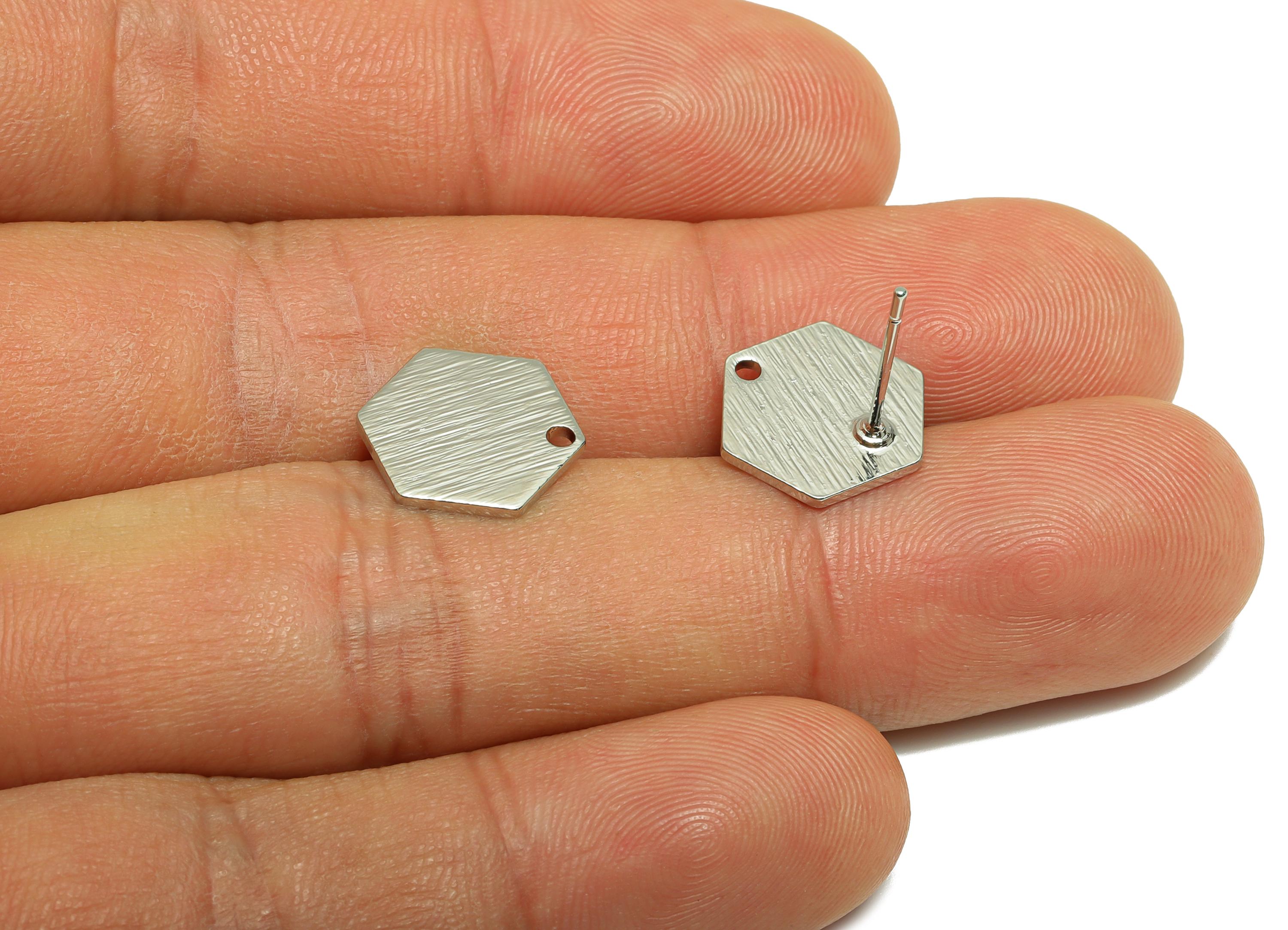 Brass Hexagon Earring - White Textured Earring Post for Girls - Daily Wear Ear Stud - 18K Real White Gold Plating - 13.3x11.5x1mm - RGP8929 - DOMEDBAZAAR