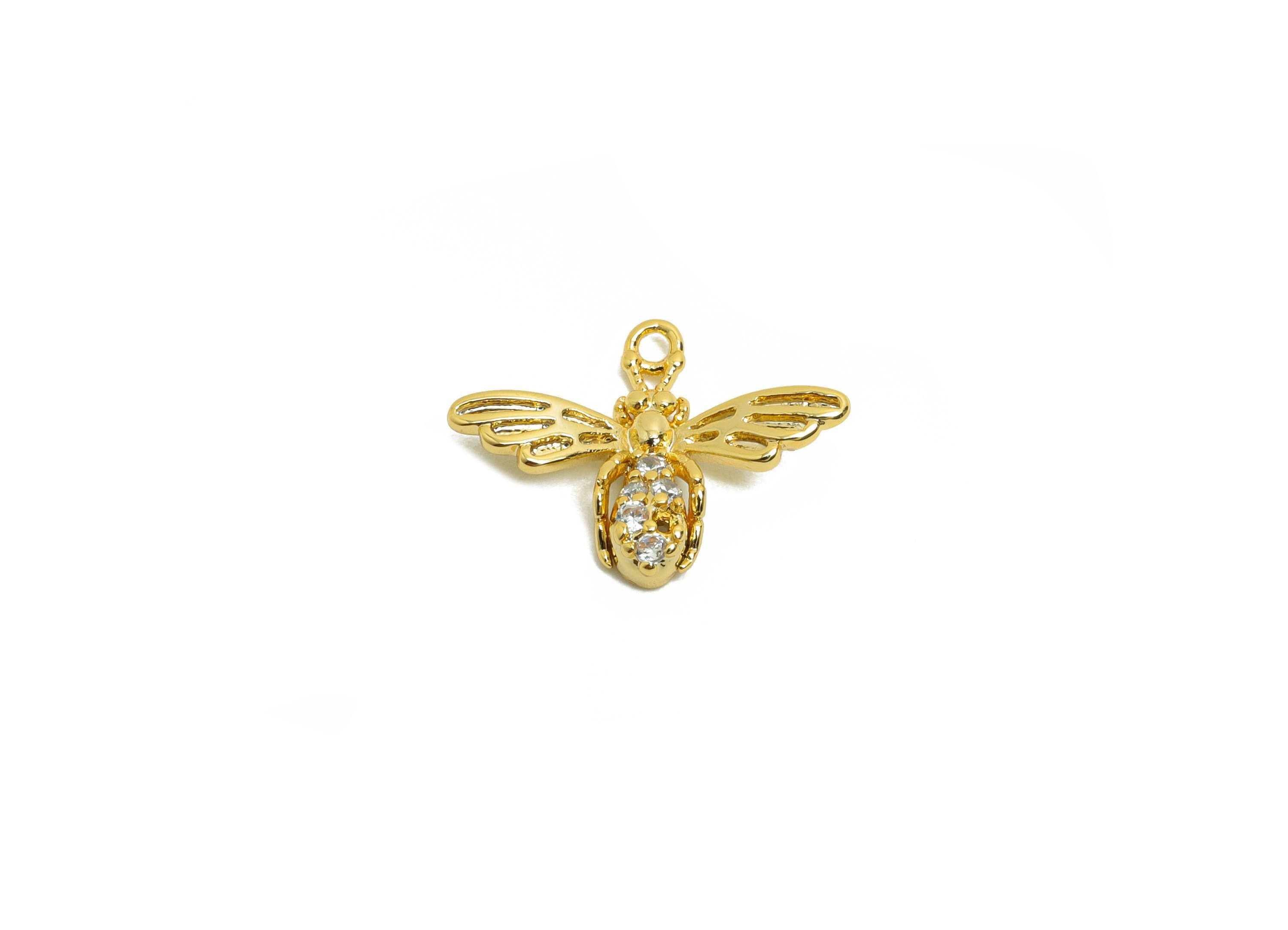 Brass Bee Earring Charm - Gold Mini Animal Pendant for Girls - Zircon Bee Bracelet Charm - 18K Real Gold Plating - 14.7x11.3x2.4mm - RGP8494 - DOMEDBAZAAR