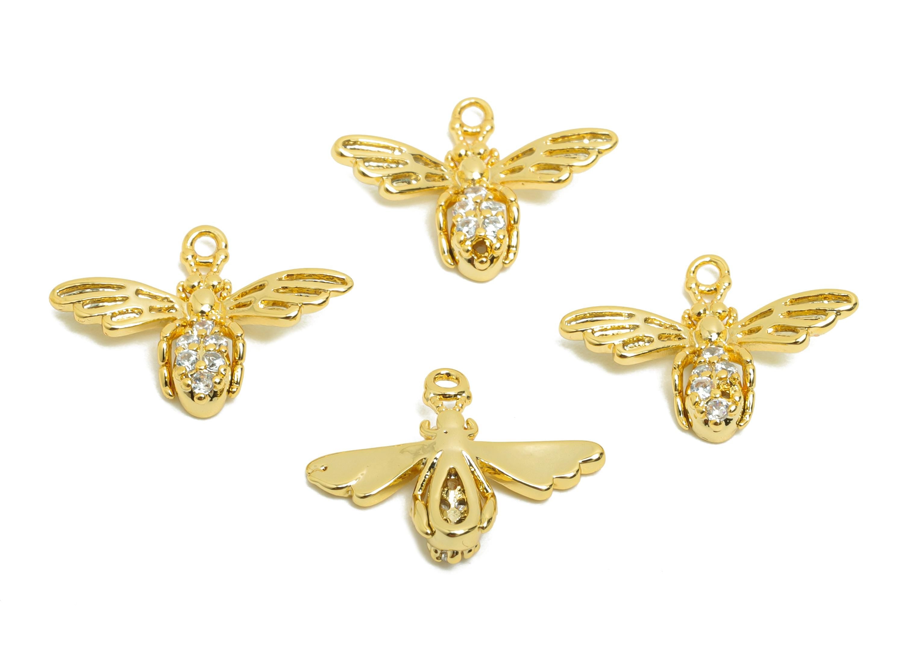 Brass Bee Earring Charm - Gold Mini Animal Pendant for Girls - Zircon Bee Bracelet Charm - 18K Real Gold Plating - 14.7x11.3x2.4mm - RGP8494 - DOMEDBAZAAR