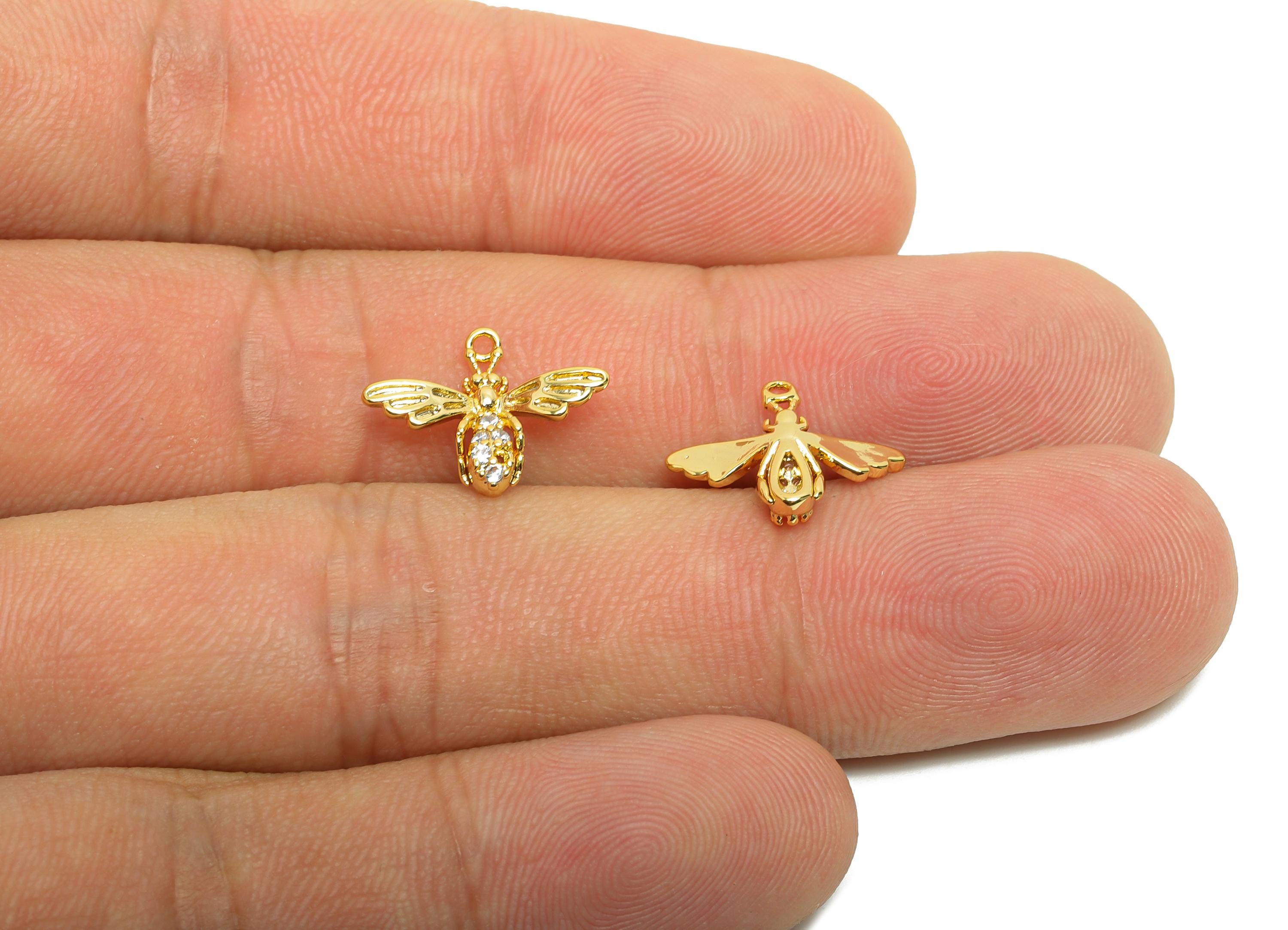 Brass Bee Earring Charm - Gold Mini Animal Pendant for Girls - Zircon Bee Bracelet Charm - 18K Real Gold Plating - 14.7x11.3x2.4mm - RGP8494 - DOMEDBAZAAR