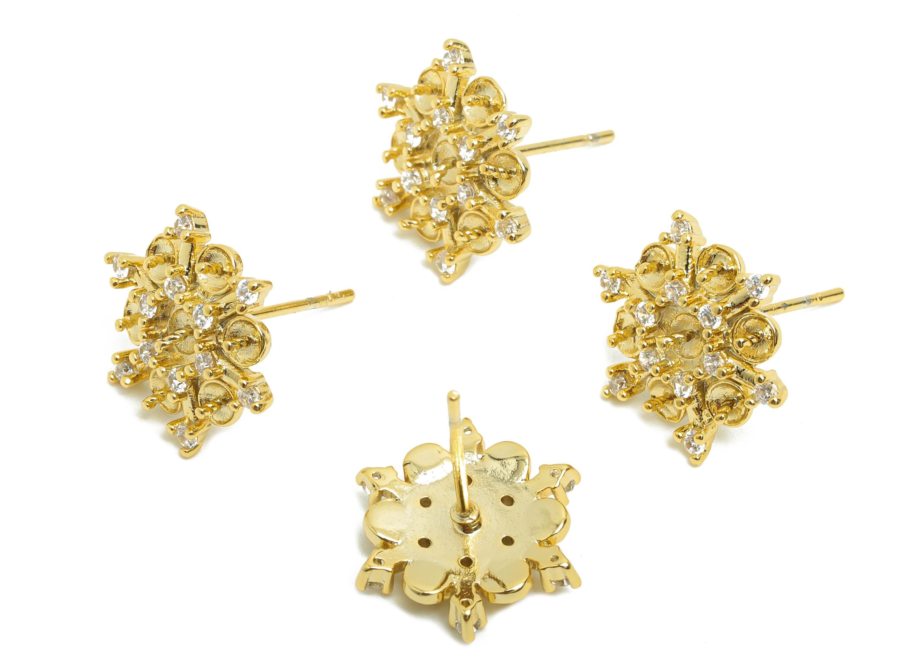Brass Flower Earring Stud - Snowflake Earring Setting - Gold Zircon Earring for Party - 18K Real Gold Plating - 14.05x14.05x3.09mm - RGP8497 - DOMEDBAZAAR