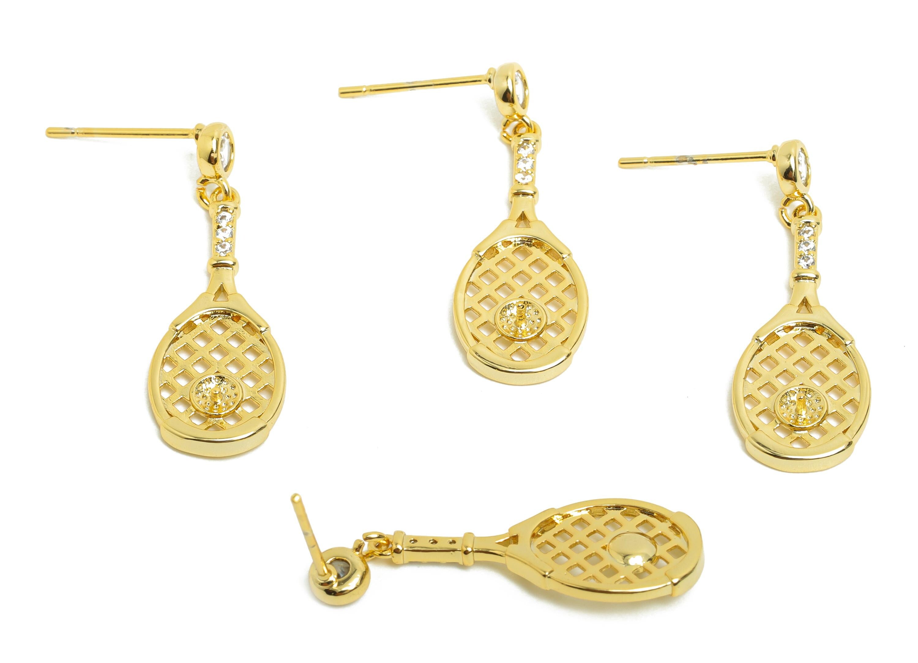Brass Earring Setting - Tennis Racket Dangle Earring - Gold Zircon Earring Stud for Party - 18K Real Gold Plating - 25x9.5x3.32mm - RGP8498 - DOMEDBAZAAR