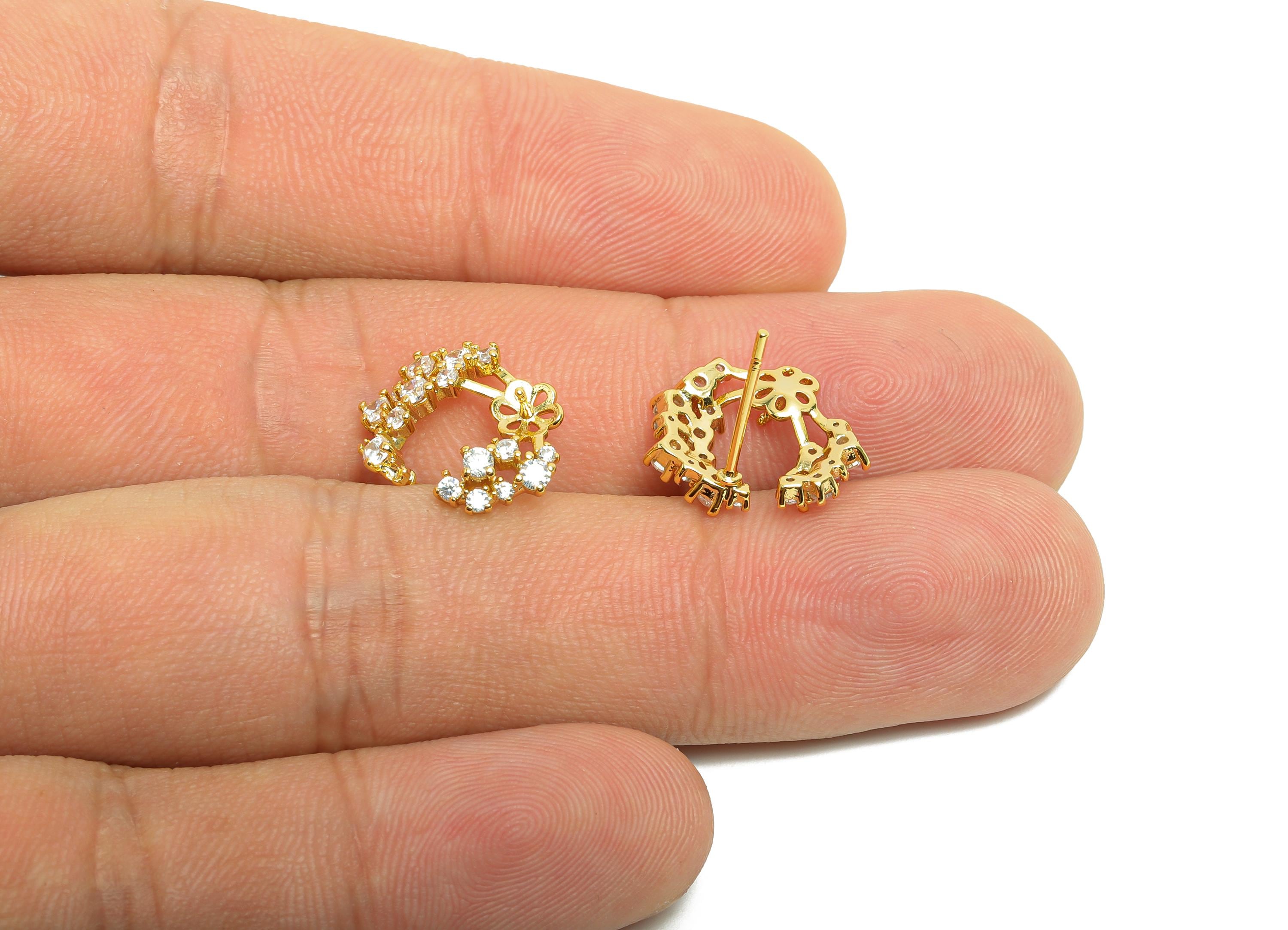 Brass Flower Earring Stud - Earring Setting for Girl&#39;s - Gold Zircon Earring for Party - 18K Real Gold Plating - 15.01x12.5x3.61mm - RGP8499 - DOMEDBAZAAR