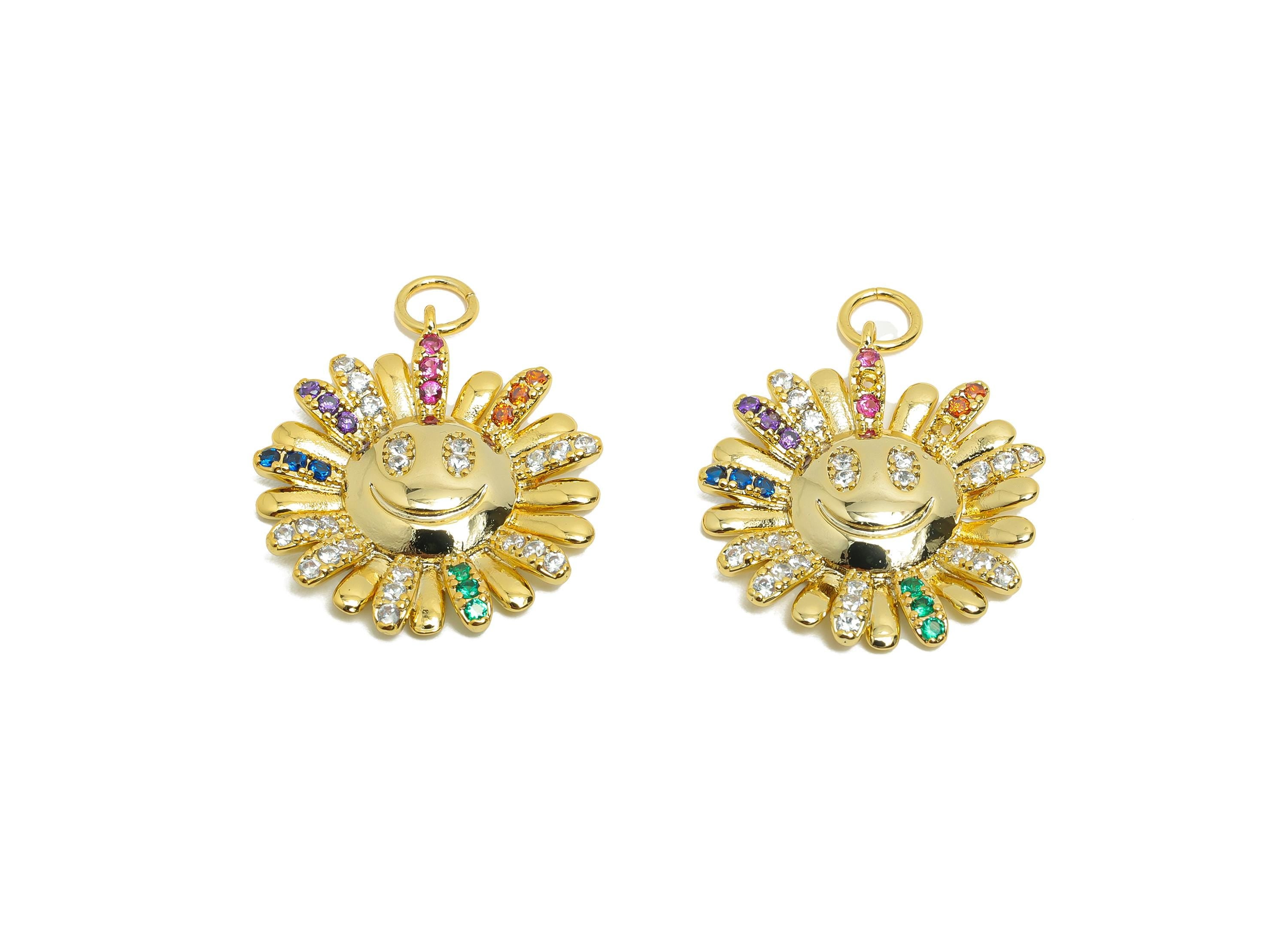 Brass CZ Sunflower Charm - Gold Happy Pendant for Girls - Zircon Round Halloween Charm - 18K Real Gold Plating - 25.6x20.2x2.72mm - RGP8500 - DOMEDBAZAAR