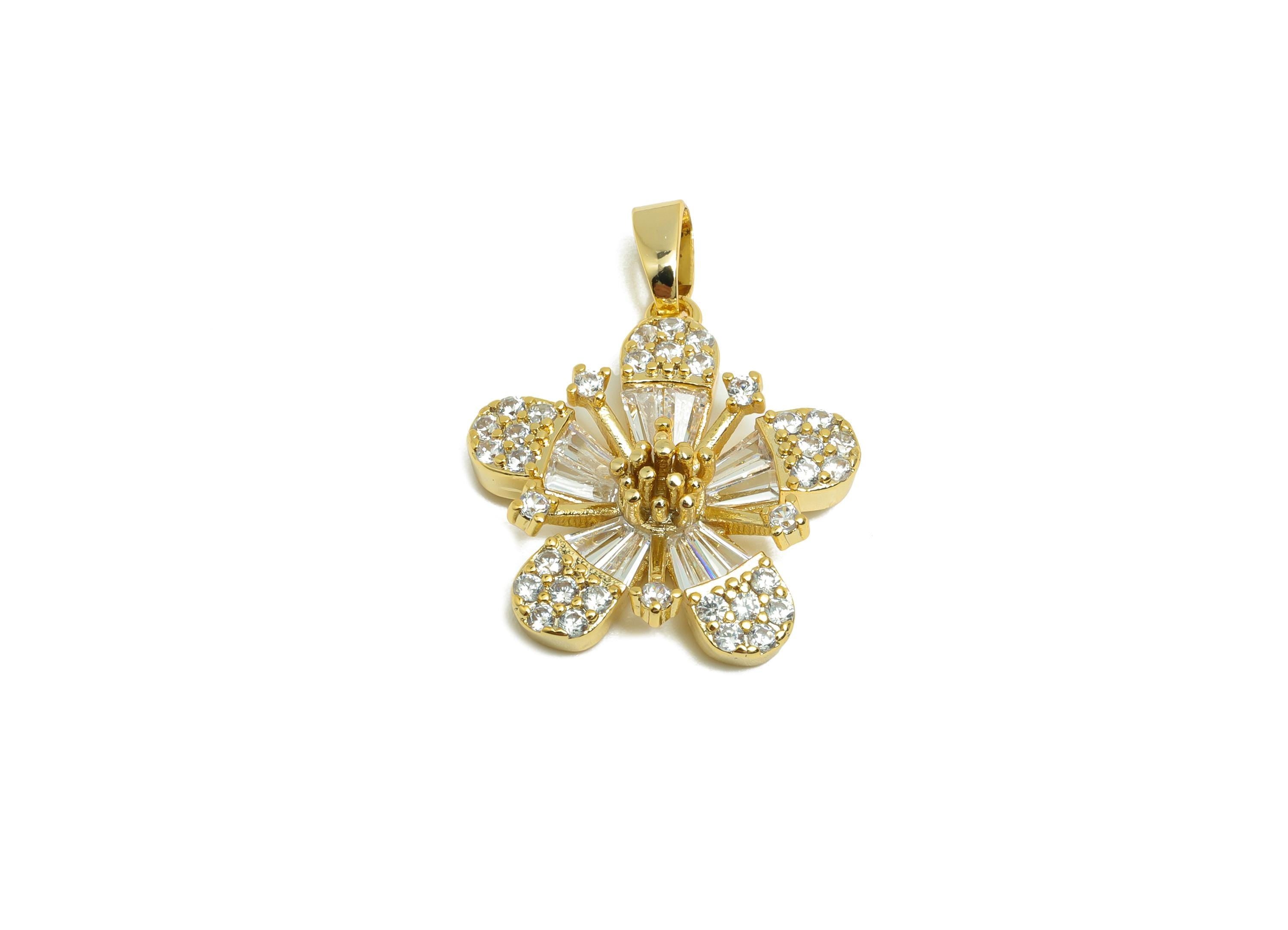 Brass CZ Flower Charm - Gold Sakura Pendant for Necklace - Zircon Flower Charm for Party - 18K Real Gold Plating - 23.6x18.3x5.6mm - RGP8513 - DOMEDBAZAAR
