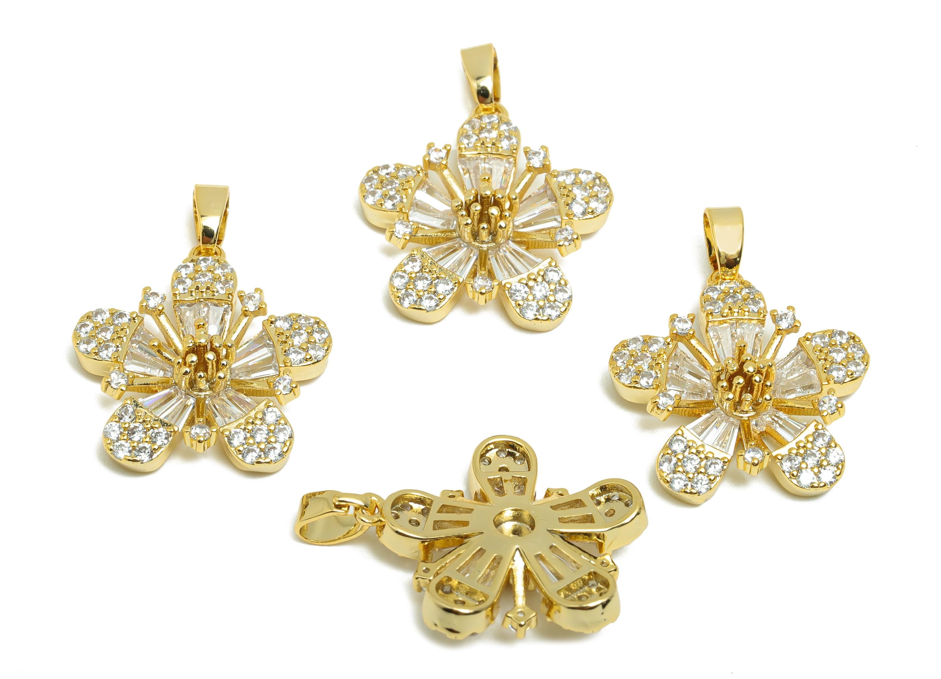 Brass CZ Flower Charm - Gold Sakura Pendant for Necklace - Zircon Flower Charm for Party - 18K Real Gold Plating - 23.6x18.3x5.6mm - RGP8513 - DOMEDBAZAAR