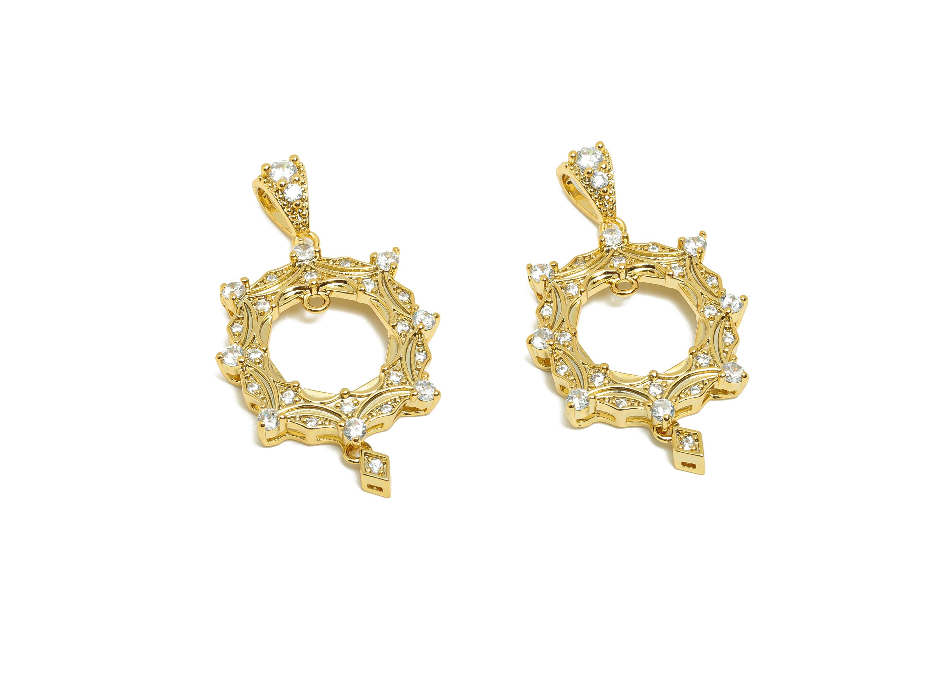 Brass CZ Frame Charm - Gold Round Pendant for Necklace - Zircon Frame Charm for Party - 18K Real Gold Plating - 34x19.2x4.15mm - RGP8514 - DOMEDBAZAAR