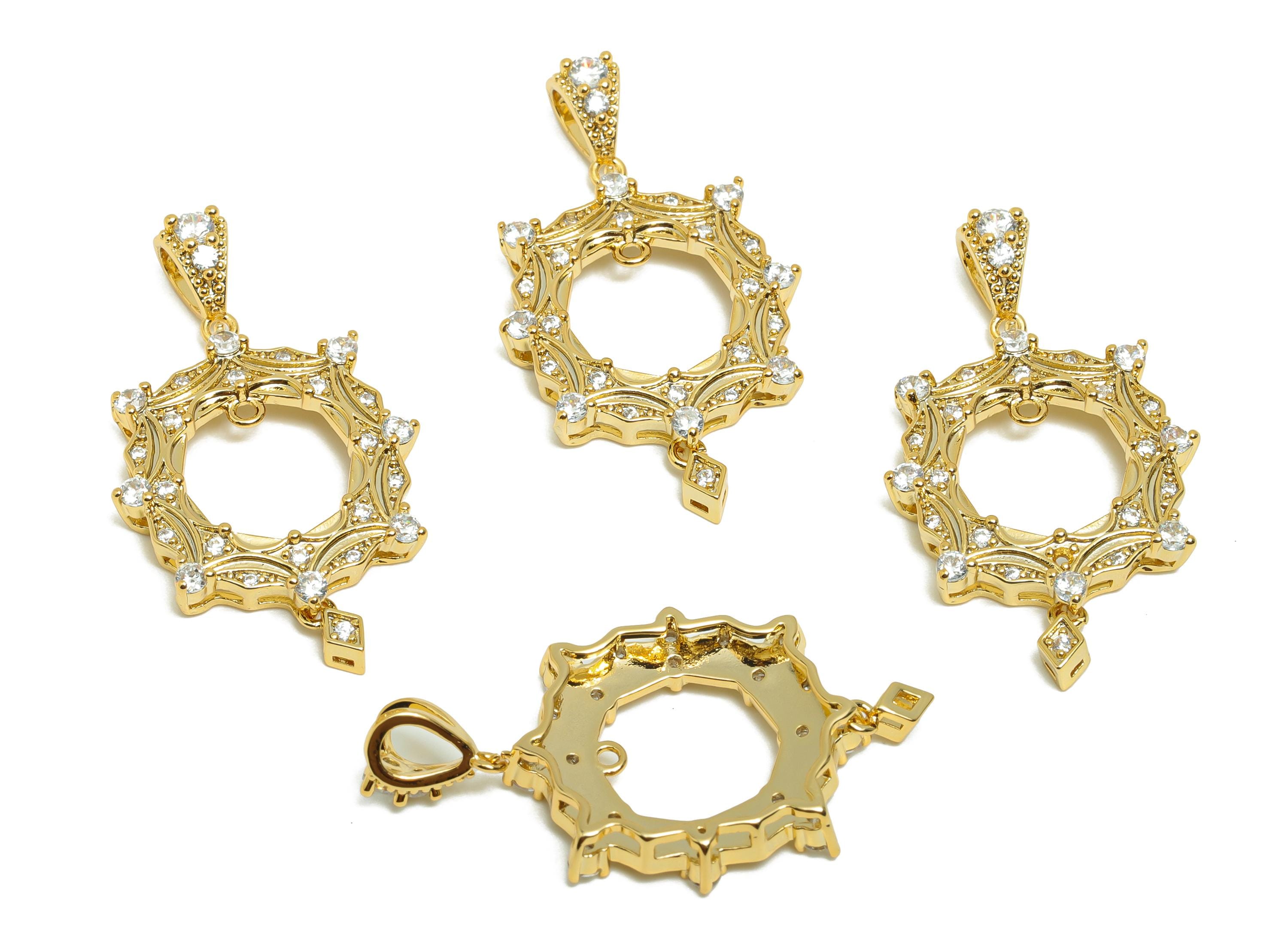 Brass CZ Frame Charm - Gold Round Pendant for Necklace - Zircon Frame Charm for Party - 18K Real Gold Plating - 34x19.2x4.15mm - RGP8514 - DOMEDBAZAAR