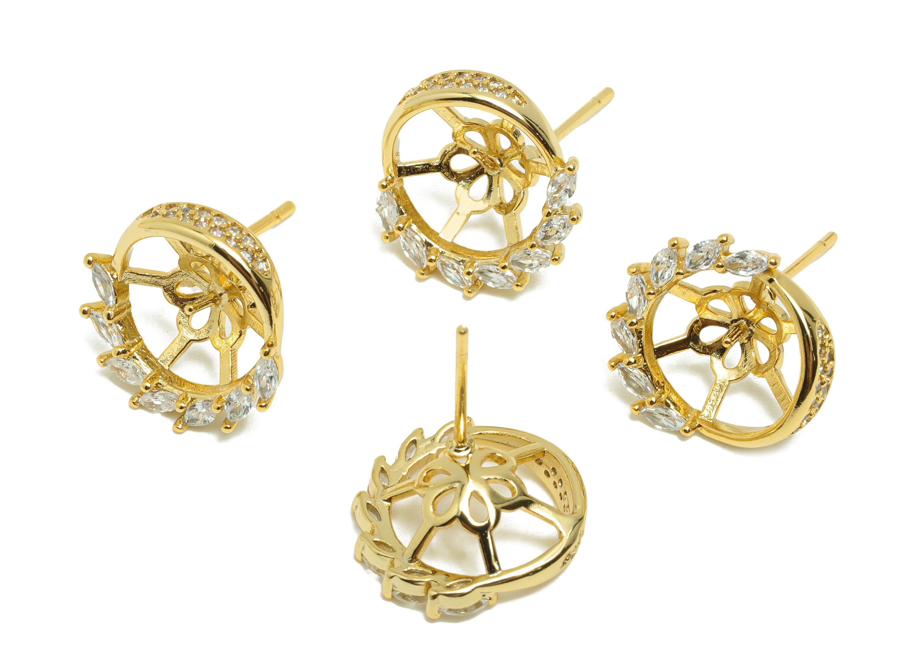Brass Round Earring Stud - Circle Earring Setting for Girls - Gold Zircon Daily Wear Ear - 18K Real Gold Plated - 13.9x13.53x4.82mm -RGP8524 - DOMEDBAZAAR
