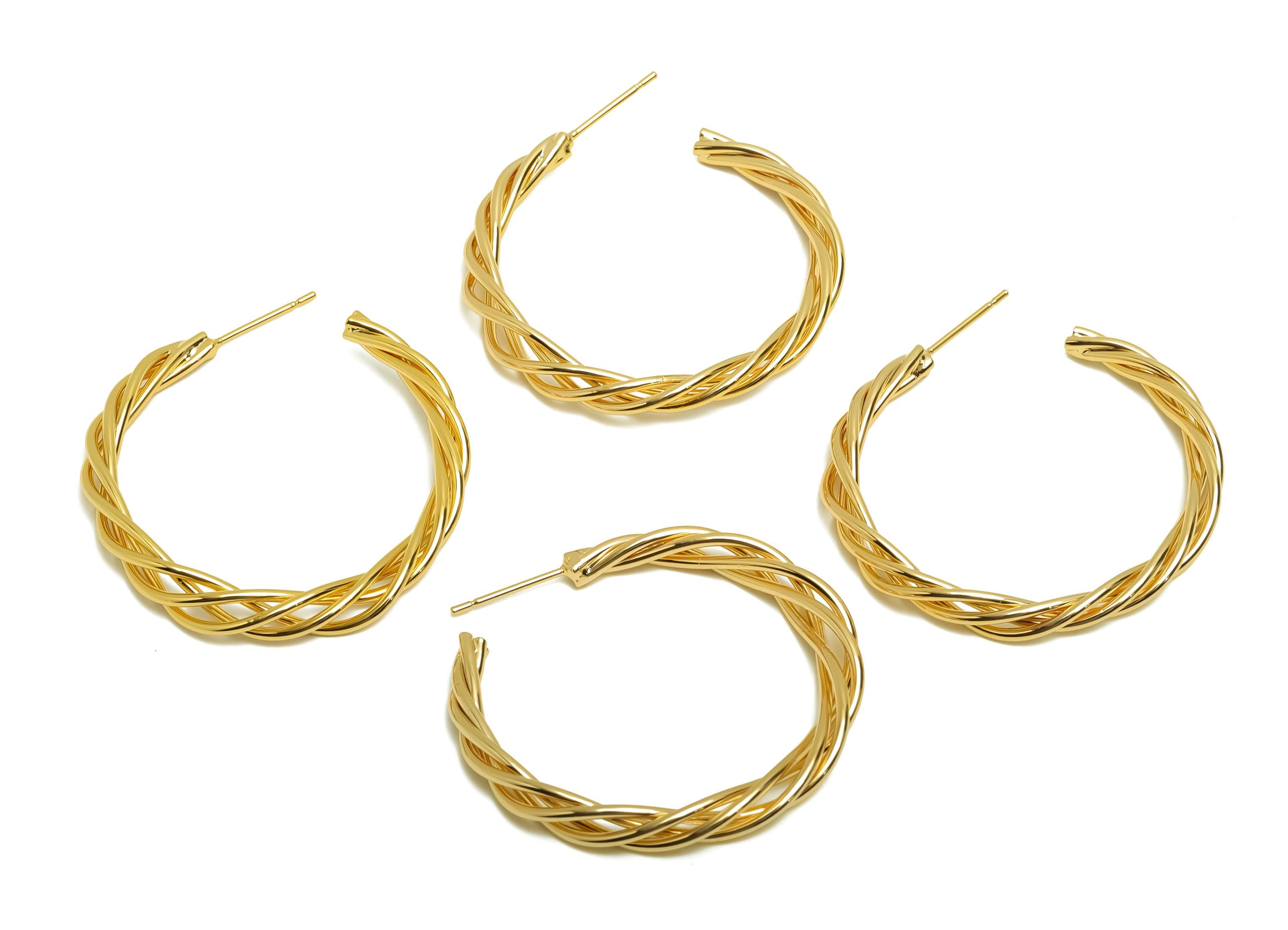 Brass Wire Hoop Earring Stud - Open Hoop Earring Post - Gold Twine Earring - For Her - 18K Real Gold Plating - 34.81x4.4x3.02mm - RGP8683 - DOMEDBAZAAR