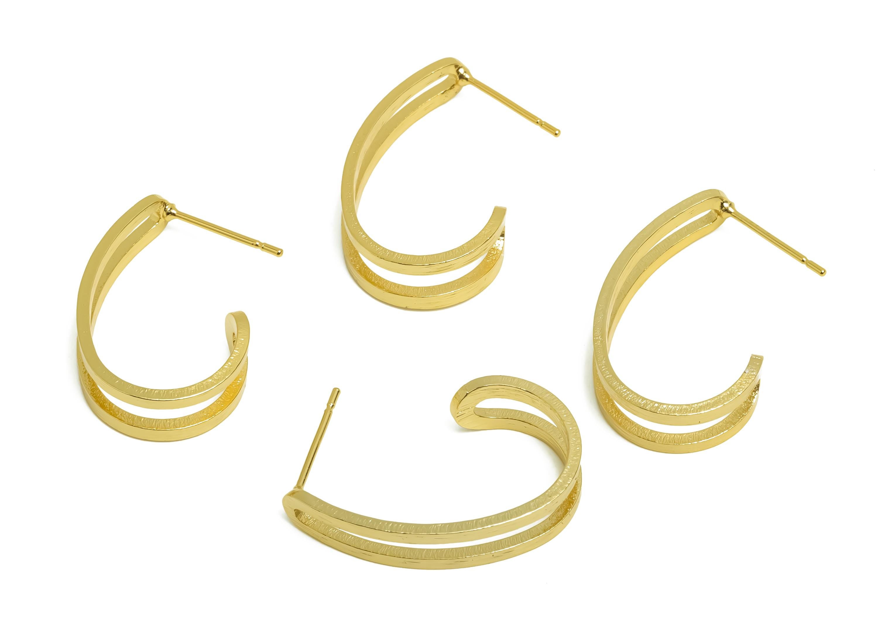 Brass Hoop Earring Post - Brass Textured Hoop Earring Stud - For Her - Gold Earring Post - 18K Real Gold Plating - 24x6x1.37mm - RGP8678 - DOMEDBAZAAR