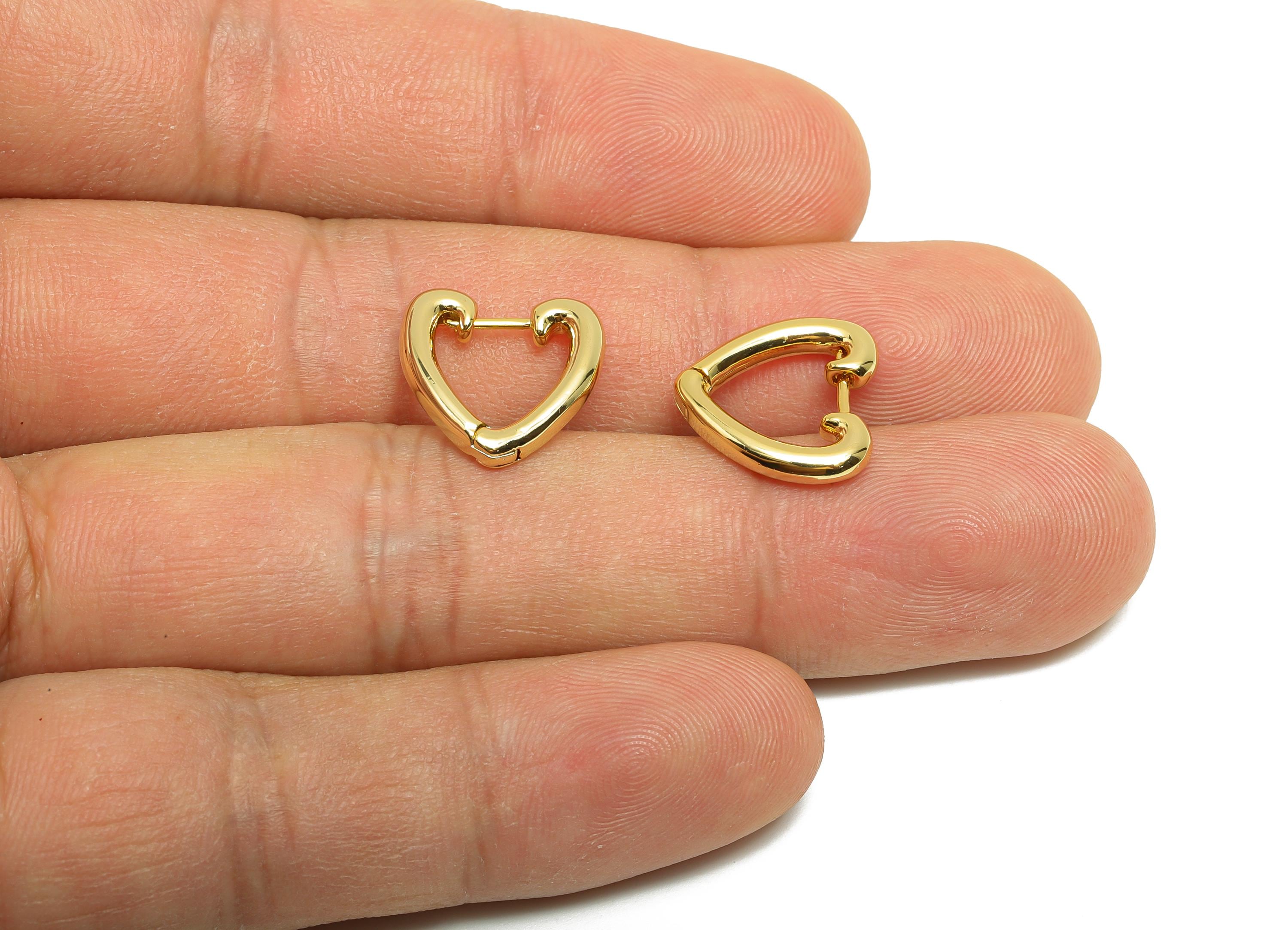 Brass Heart Hoop Earring - Gold Huggie Earring for Girl&#39;s - Heart Valentine&#39;s Day Earring - 18K Real Gold Plated - 14.3x13.3x2.55mm -RGP8532 - DOMEDBAZAAR