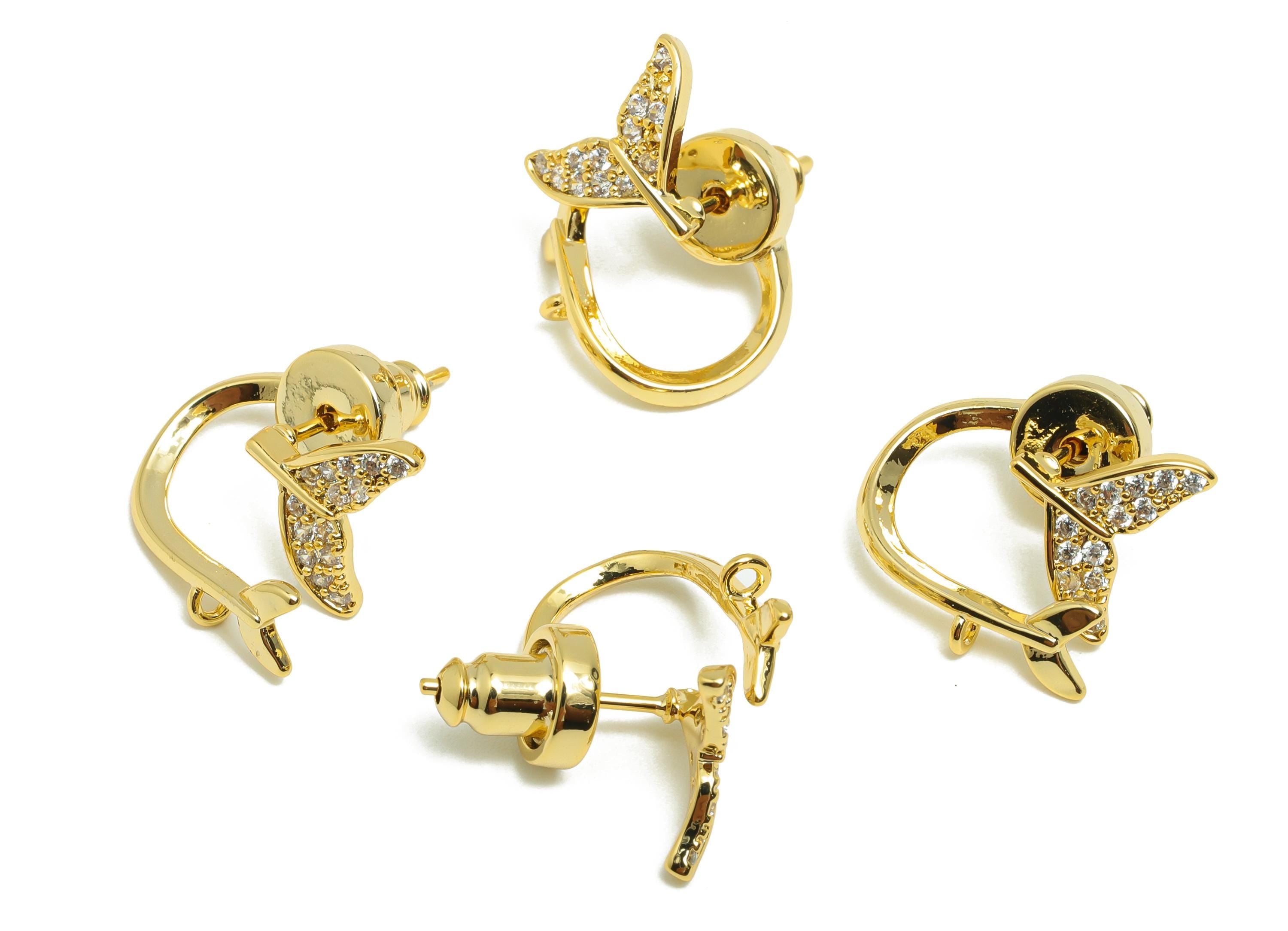 Brass Fishtail Earring Stud - Zircon Earring Post for Girls - Gold Fishtail Stud Earring - 18K Real Gold Plating - 13.7x10.2x9.4mm - RGP8535 - DOMEDBAZAAR