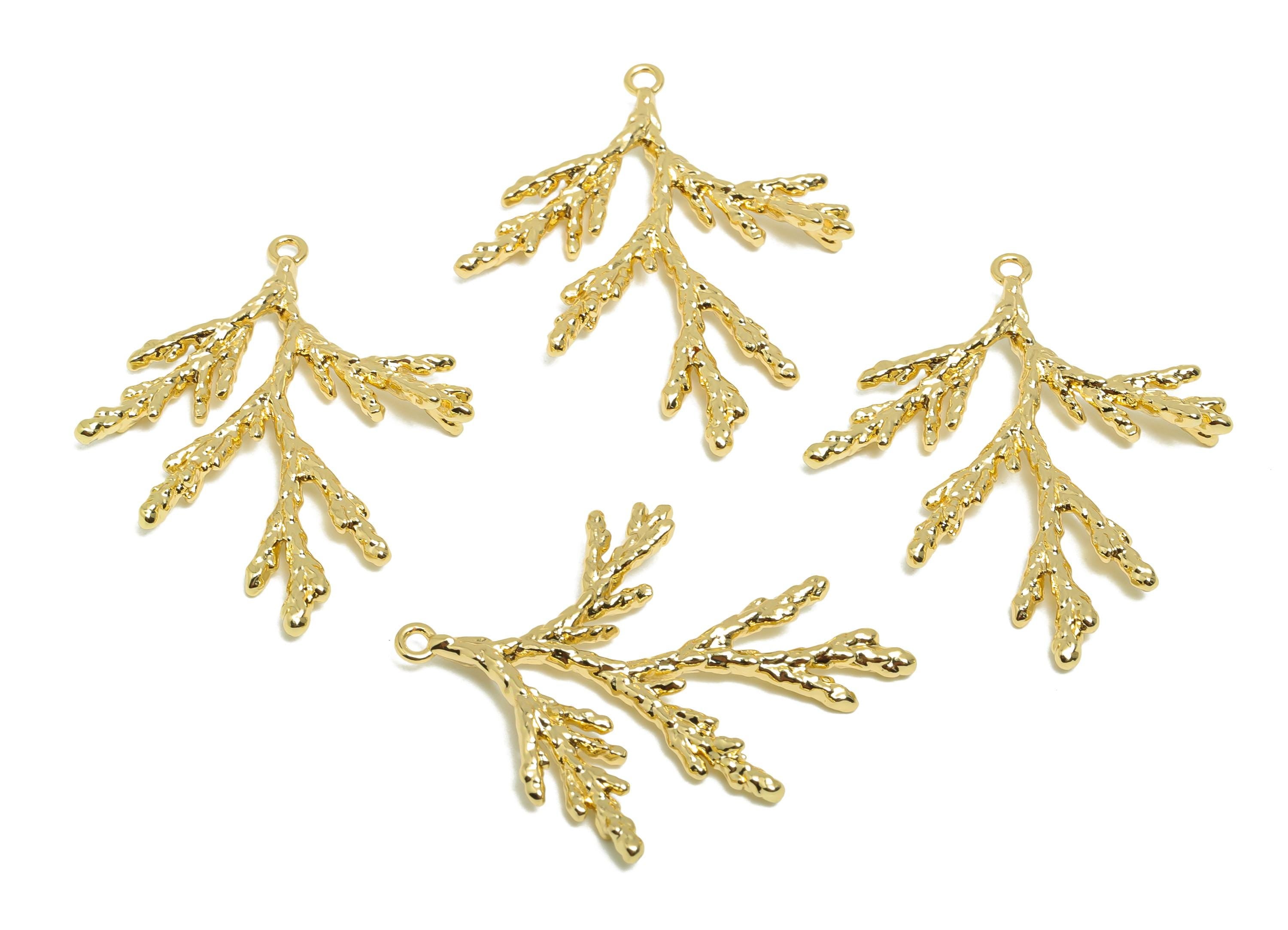 Brass Branch Earring Charm - Gold Hammered Charm for Necklace - Textured Branch Pendant - 18K Real Gold Plated - 35.5x29x2.55mm - RGP8541 - DOMEDBAZAAR