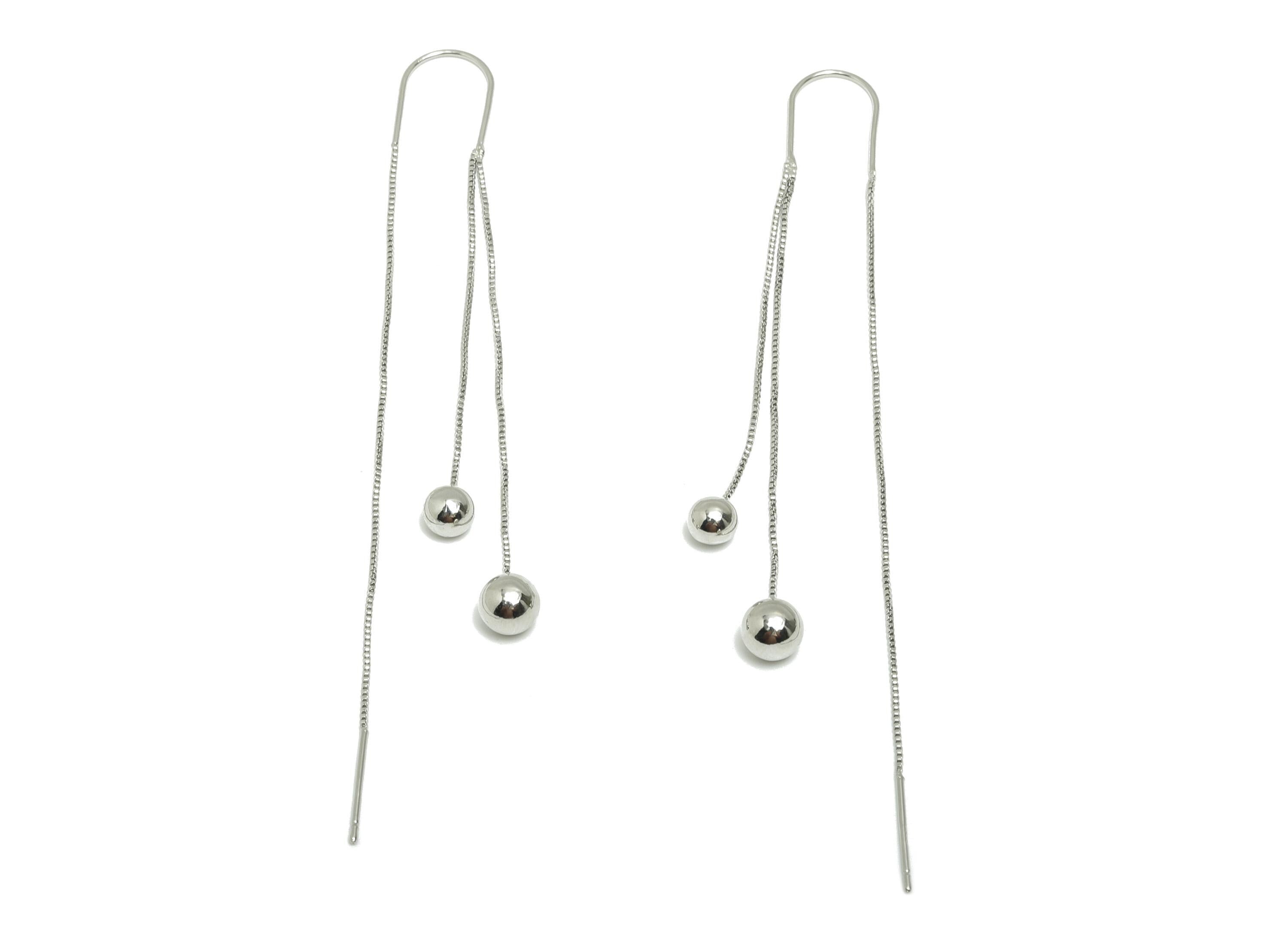 Brass Tassel Ear Wire - Brass Chain Threader Earrings Double Beads  - Dangle Ear Wire - 18K Real White Gold Plating - 90x10x5mm - RGP10239