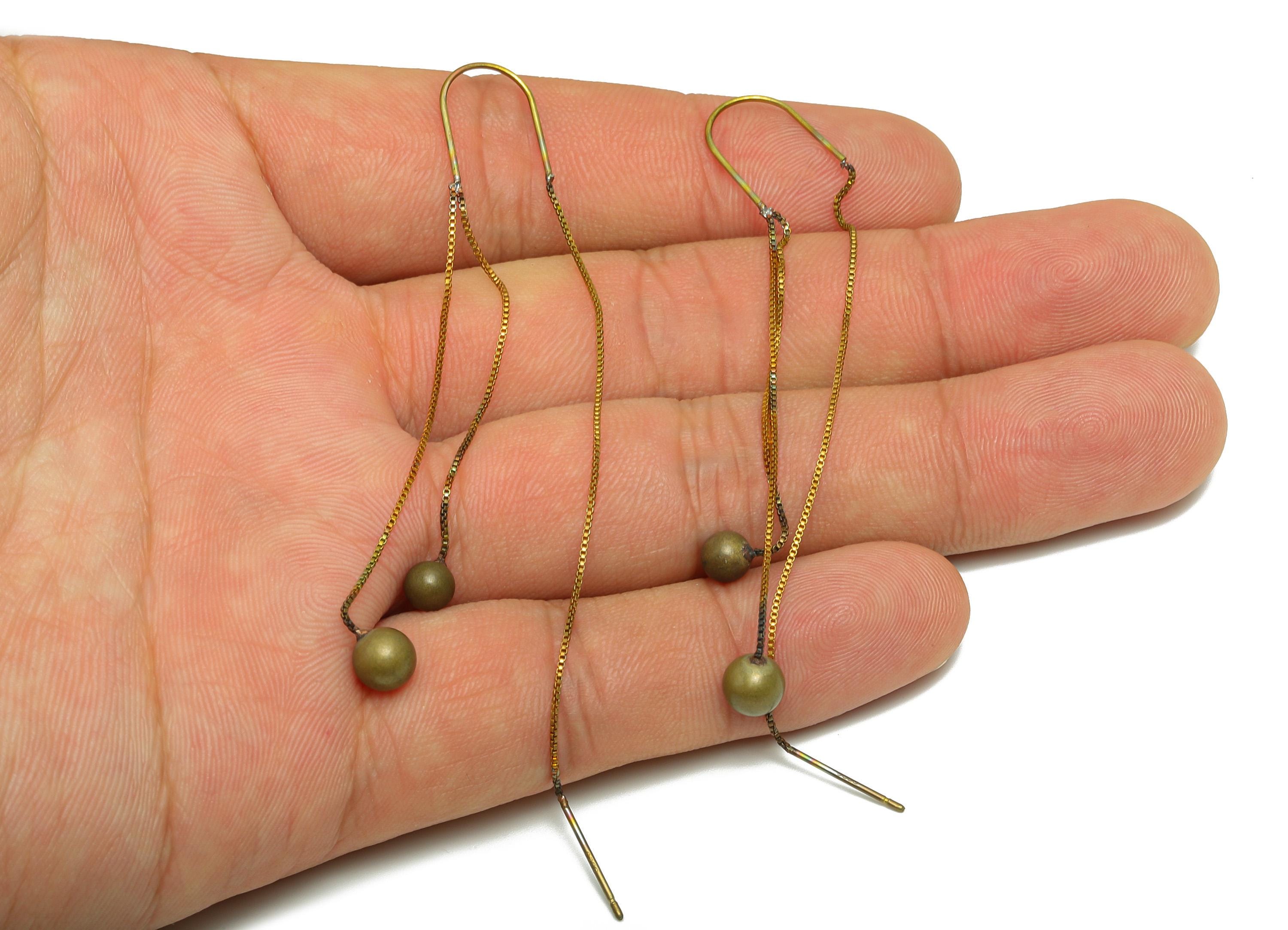 Brass Tassel Ear Wire - Raw Brass Chain Threader Earrings With Beads  - Beaded Drop Earring  - Simple Hook Earring - 90x10x5mm - PP10949 - DOMEDBAZAAR