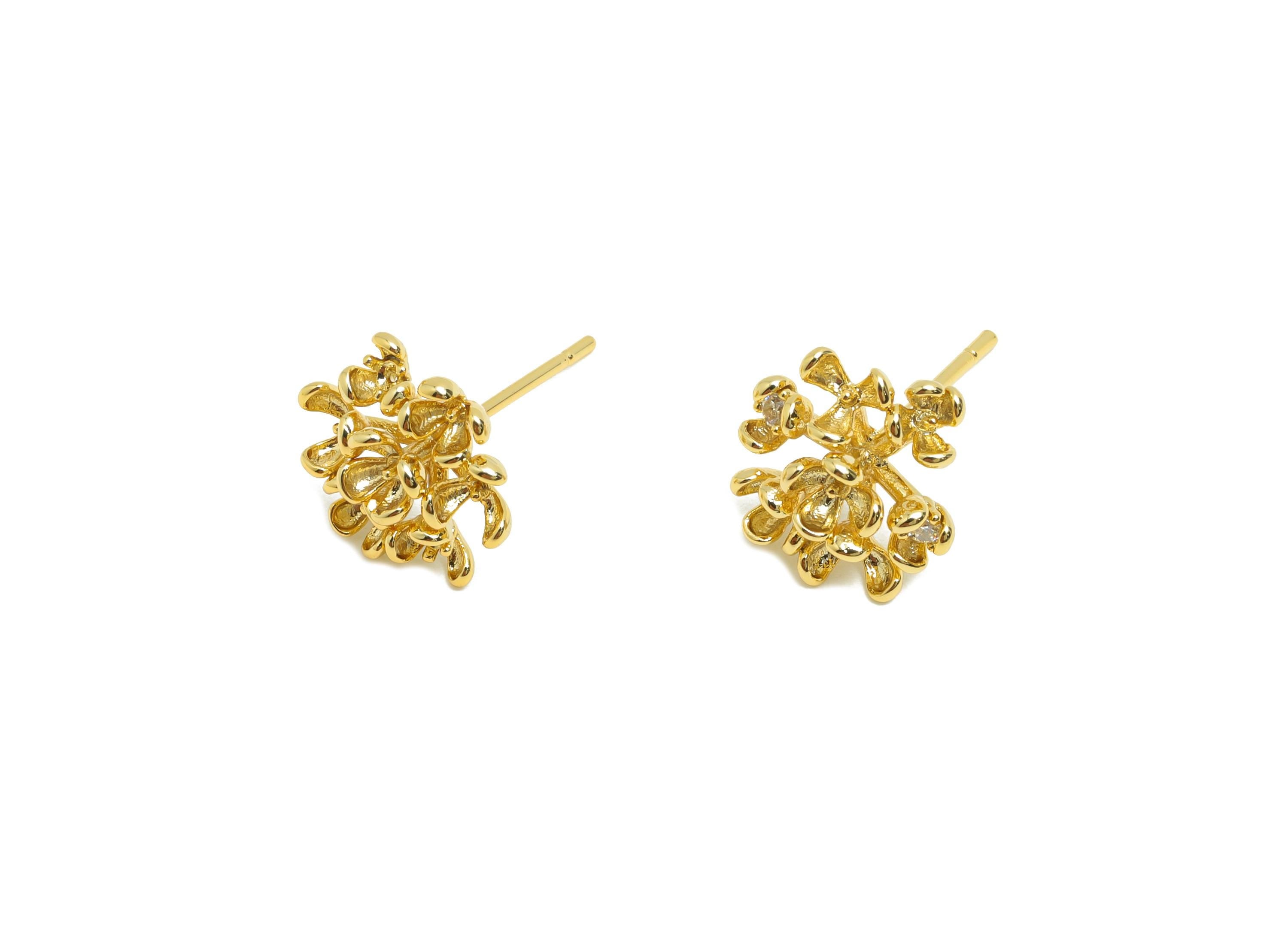 Brass Flower Earring Stud - Textured Earring Post for Girls - Gold Daily Wear Stud Earring - 18K Real Gold Plating - 17x12.4x5.6mm - RGP8555 - DOMEDBAZAAR