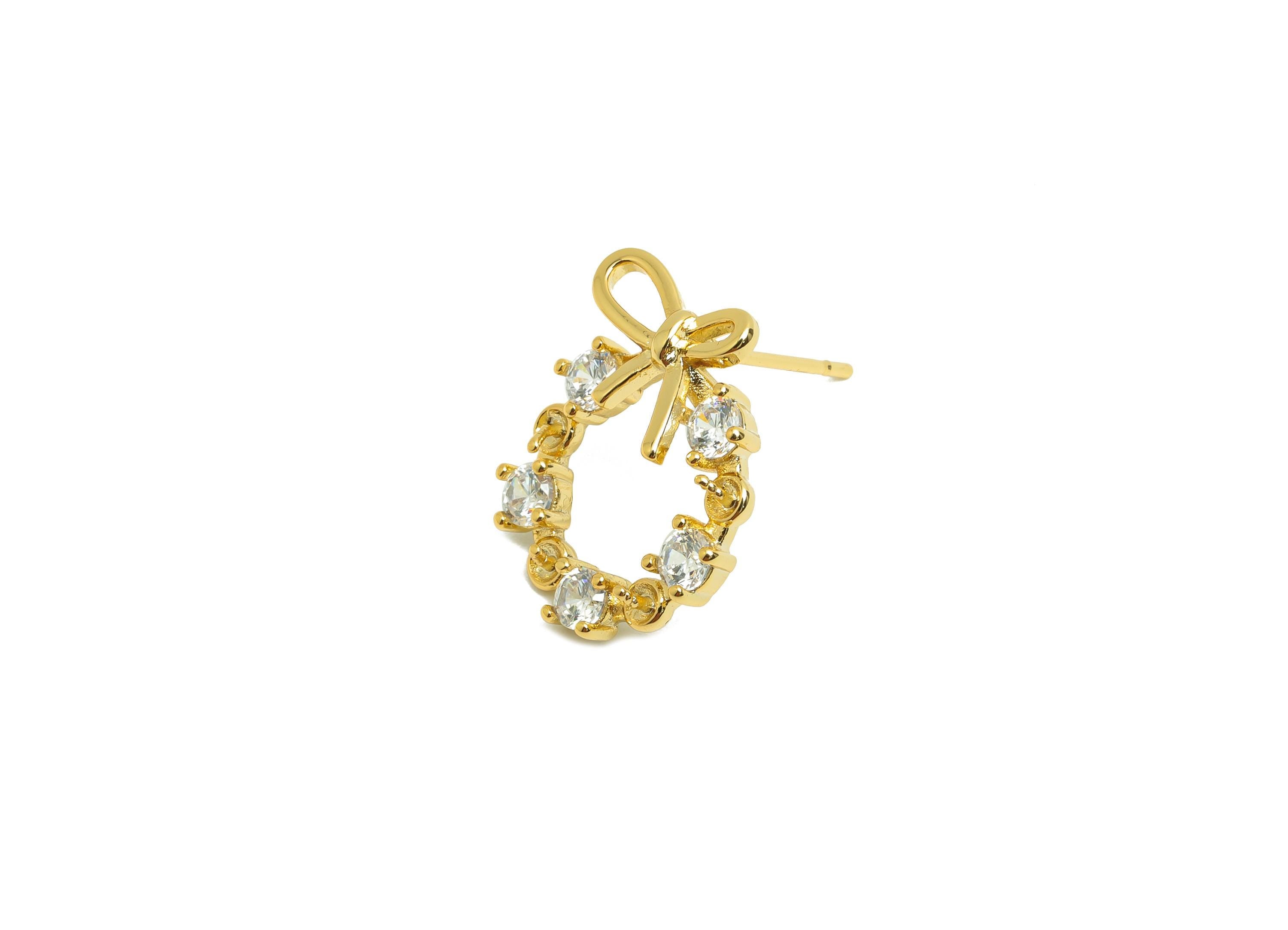 Brass Round Earring Stud - Bow Tie Earring Setting for Girls - Gold Zircon Daily Wear Ear - 18K Real Gold Plated - 17.7x14.2x3.53mm -RGP8560 - DOMEDBAZAAR