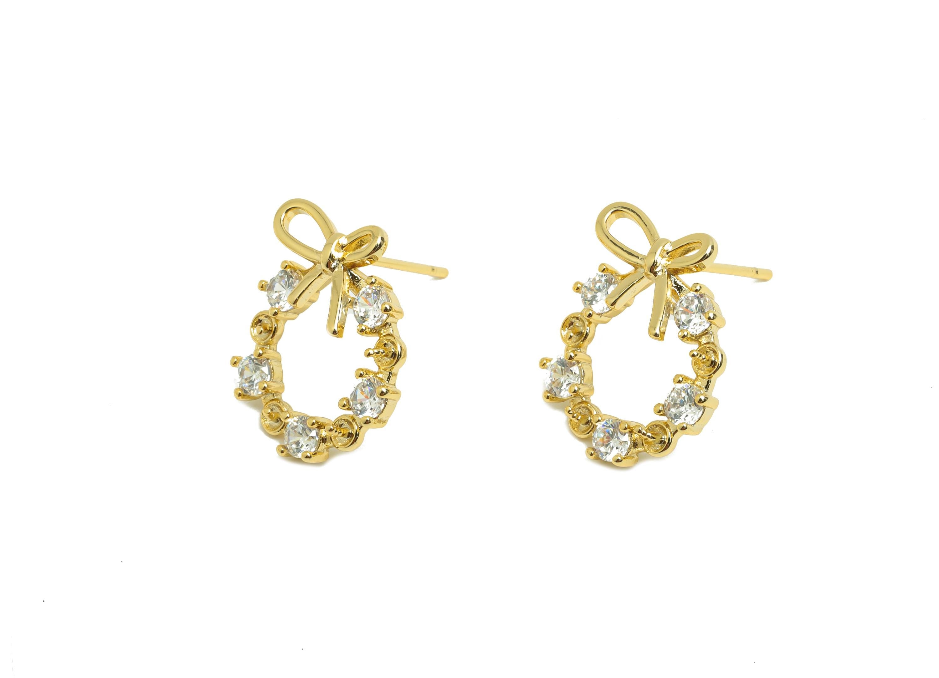 Brass Round Earring Stud - Bow Tie Earring Setting for Girls - Gold Zircon Daily Wear Ear - 18K Real Gold Plated - 17.7x14.2x3.53mm -RGP8560 - DOMEDBAZAAR