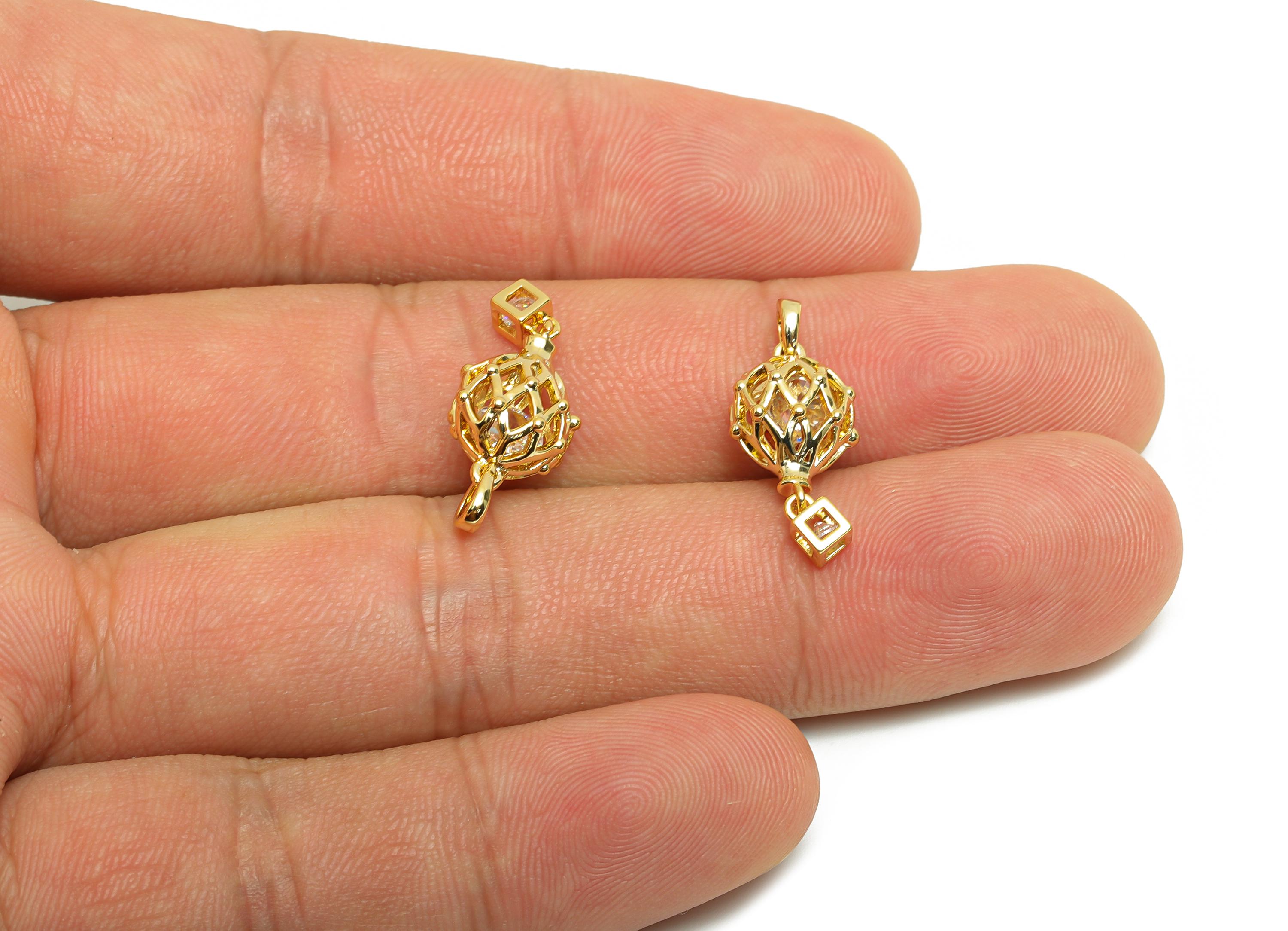 Brass Hot Air Balloon Charm - Zircon Earring Charm for Necklace - Gold CZ Hollow Pendant - 18K Real Gold Plating - 21x9.4x6.6mm - RGP8562 - DOMEDBAZAAR