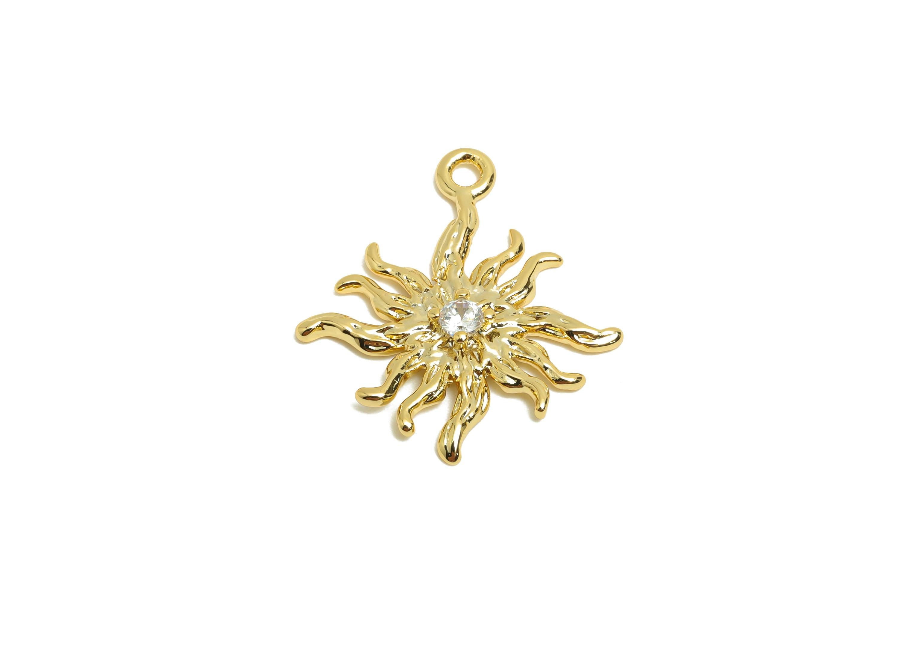 Brass Sun Earring Charm - Gold Hammered Bracelet Charm - Zircon Sunshine Pendant with Loop - 18K Real Gold Plating - 22x17x2.7mm - RGP8566 - DOMEDBAZAAR